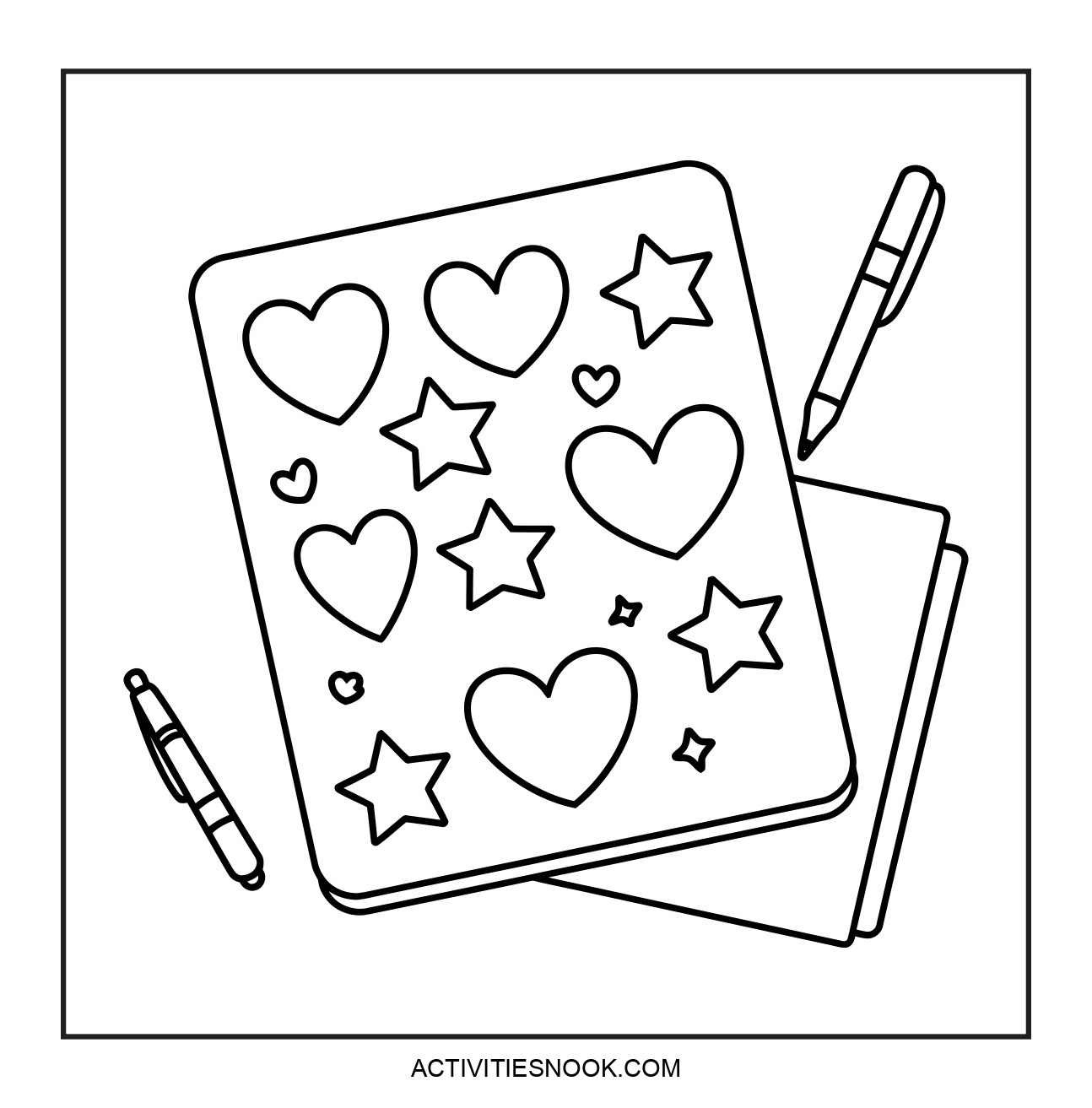 Coloring page featuring hearts and stars designs with pens placed beside it on a table.