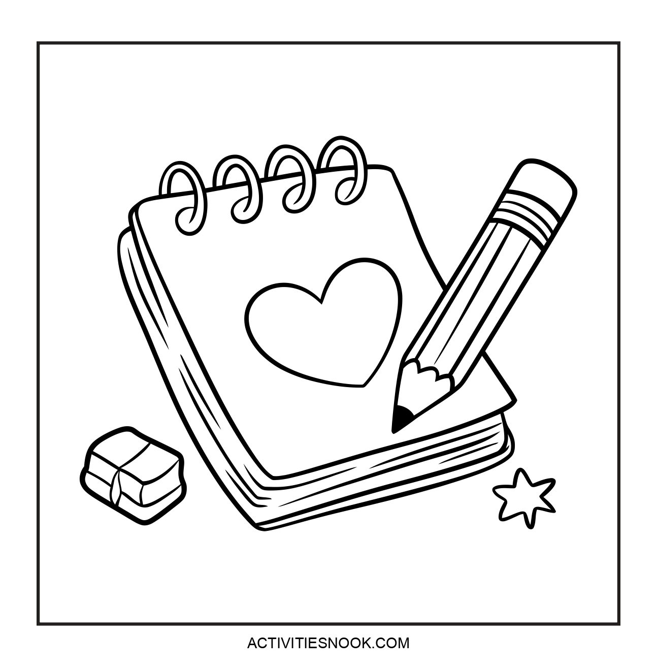 A spiral-bound notebook with a heart drawing on the cover, accompanied by a pencil and small star and square shapes.