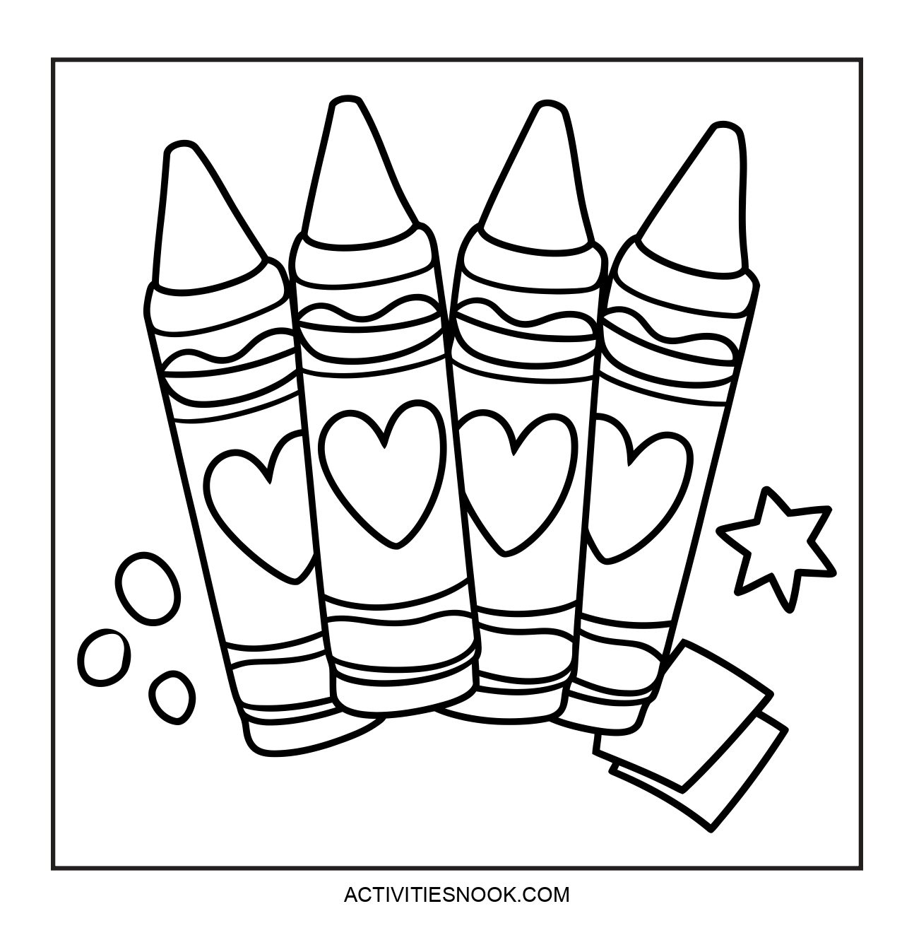 Four crayon illustrations with heart designs, accompanied by small star and oval shapes, in a coloring page format.