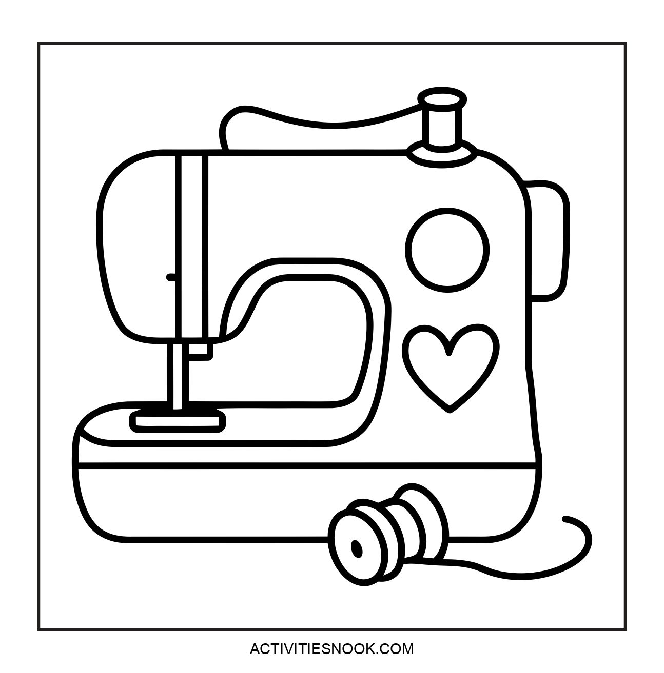 Outline drawing of a sewing machine with a heart design, featuring a spool of thread beside it.
