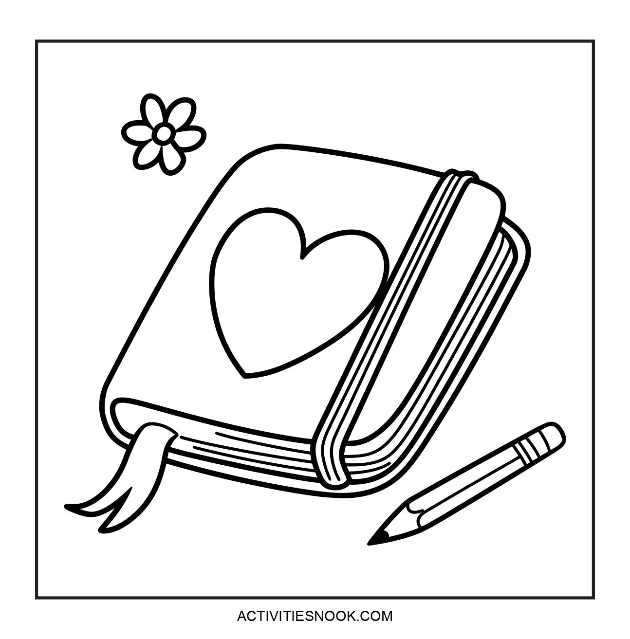 Coloring page featuring a closed notebook with a heart design, a flower, and a pencil beside it.