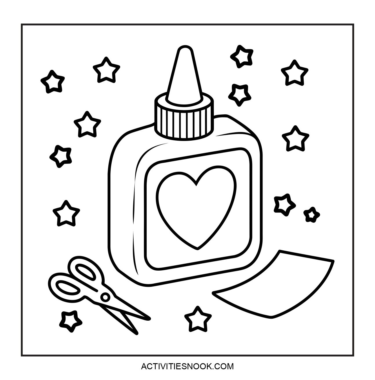 Black and white coloring page featuring a bottle of glue with a heart design, scissors, and stars.