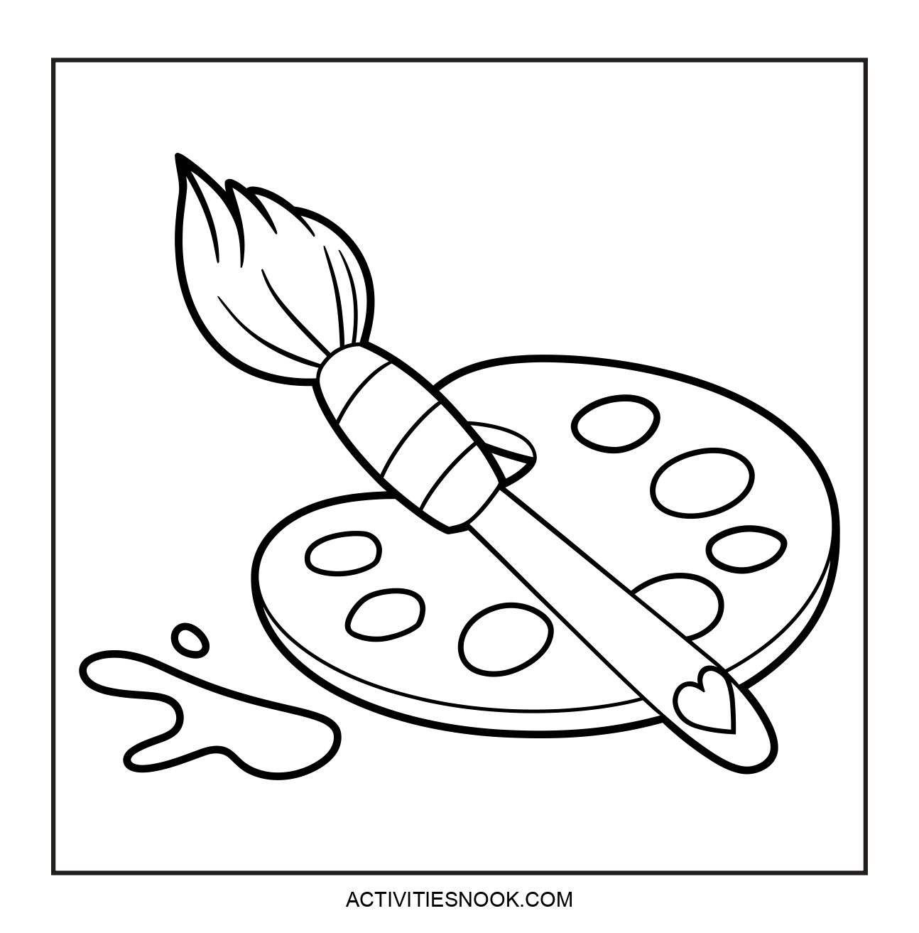 A coloring page featuring a paintbrush resting on a painter's palette with colorful paint spots.