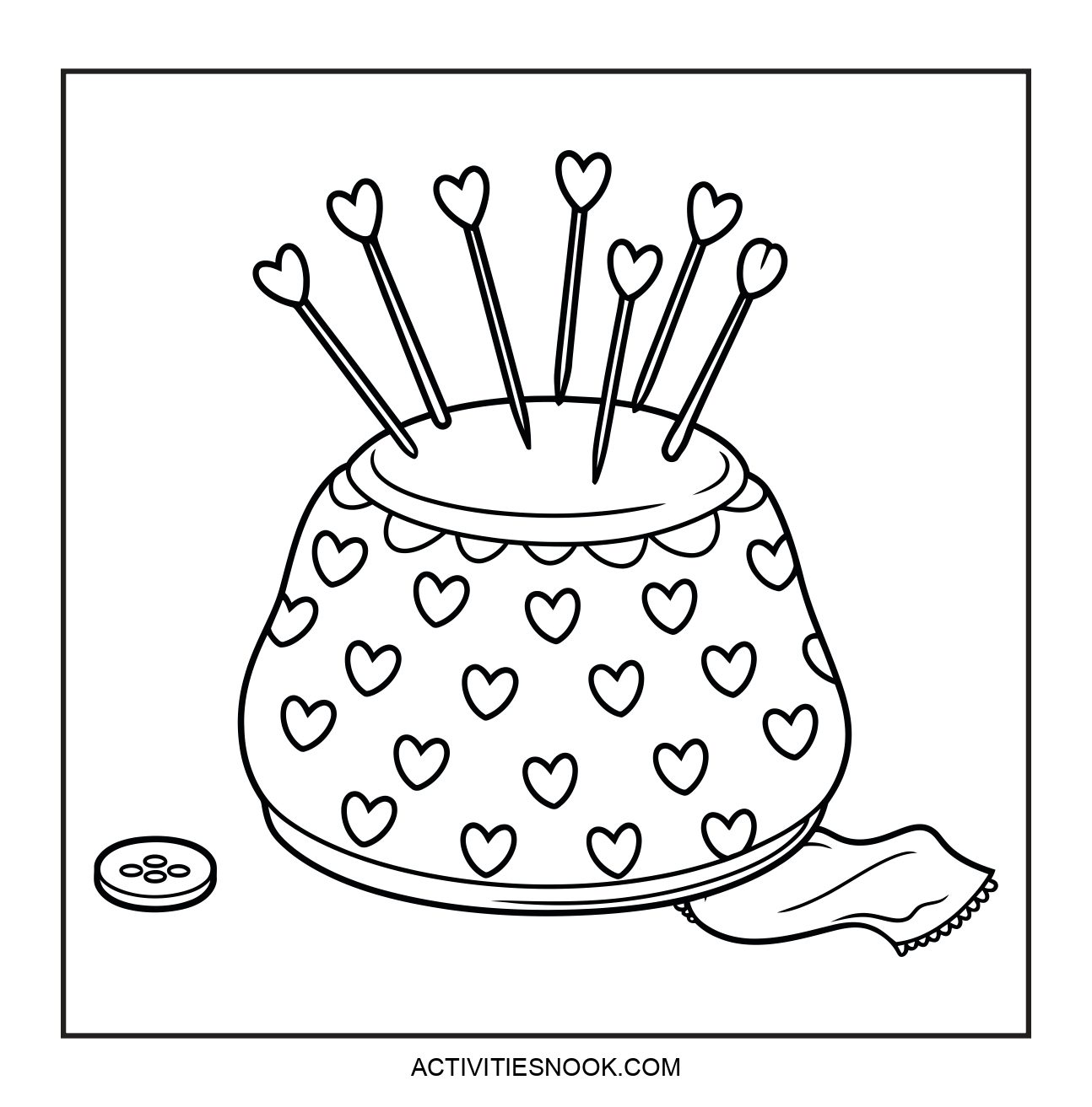 A coloring page illustration of a pin cushion with heart-shaped pins and a button beside it.
