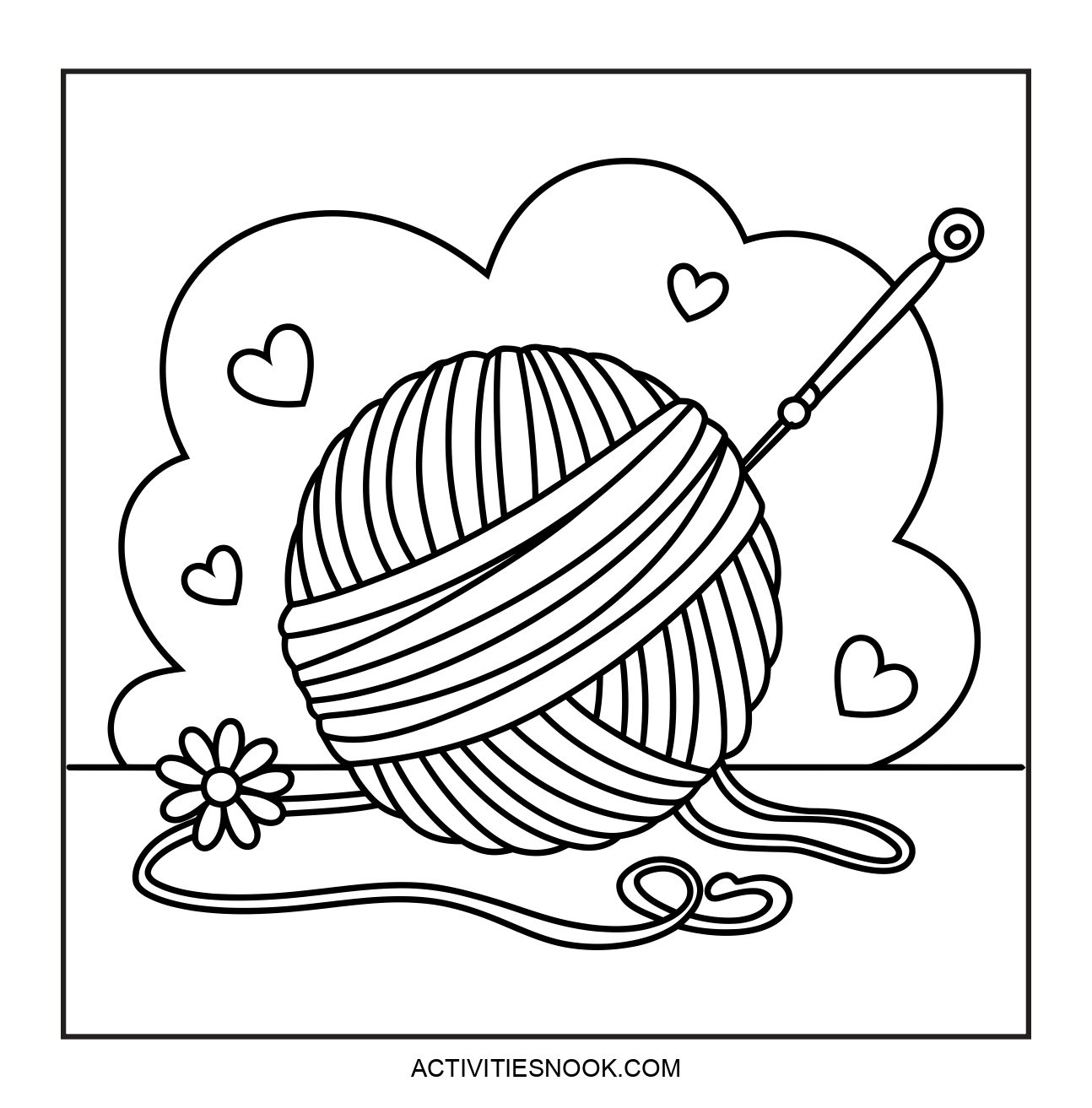 A large ball of yarn with a crochet hook and decorative hearts in a coloring page design.