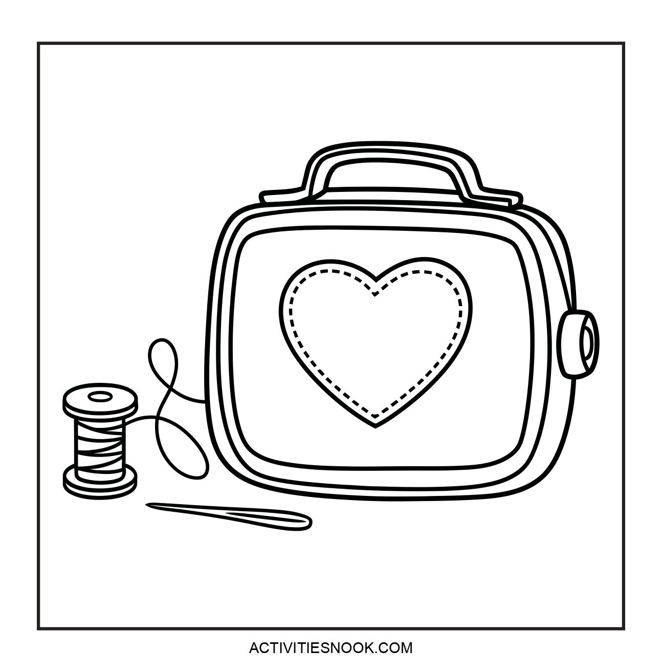 Line art illustration of a sewing kit featuring a heart design on a bag, a spool of thread, and a needle.