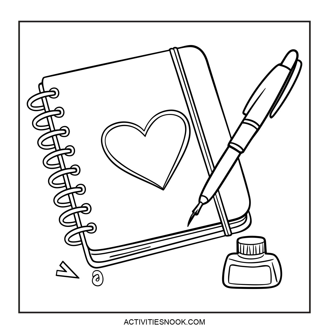 Black and white illustration of a notebook with a heart design, a pen, and an ink bottle on a flat surface.
