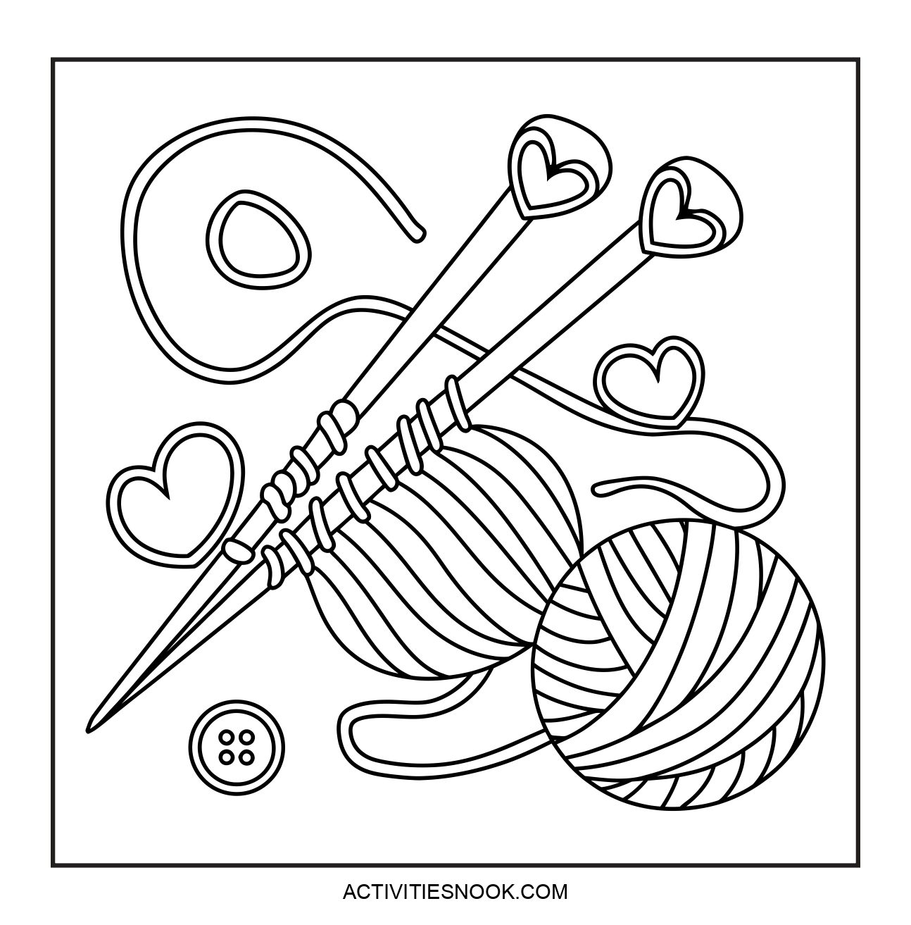 Black and white coloring page featuring knitting needles, yarn balls, and heart shapes.