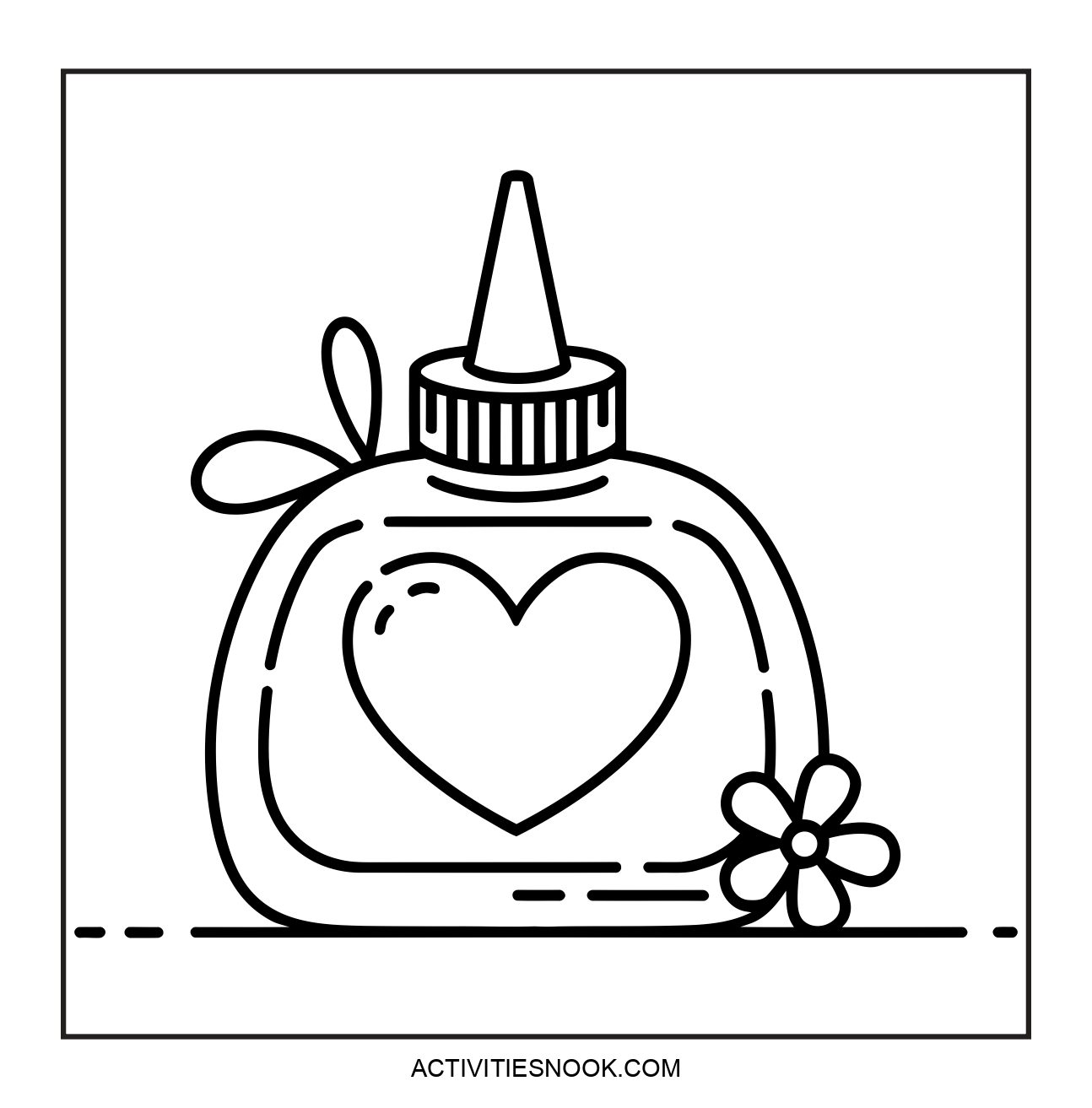 Line drawing of a glue bottle with a heart design and a flower next to it, suitable for coloring activities.