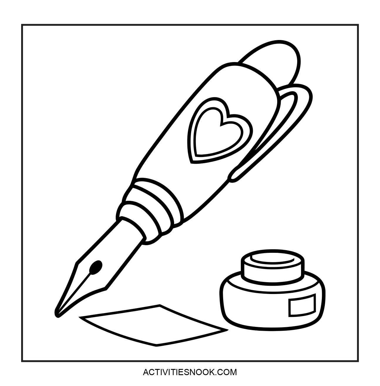 A coloring page featuring a fountain pen with a heart design and an ink pot beside it.
