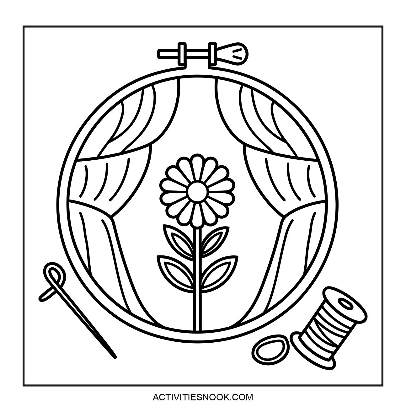 Line art illustration of a flower within an embroidery hoop, accompanied by a needle and thread spool.