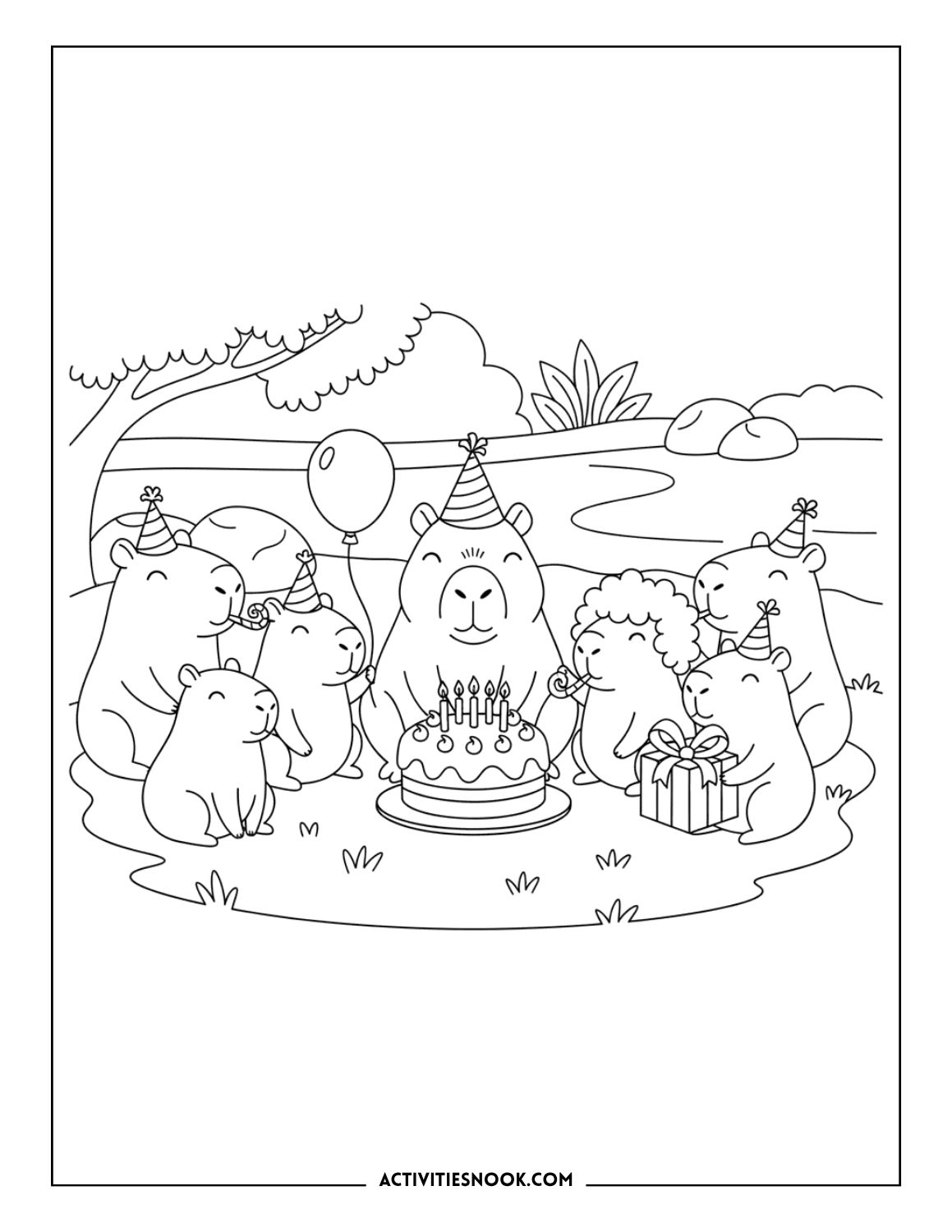 Line drawing of capybaras celebrating a birthday with a cake and gifts in a festive setting.