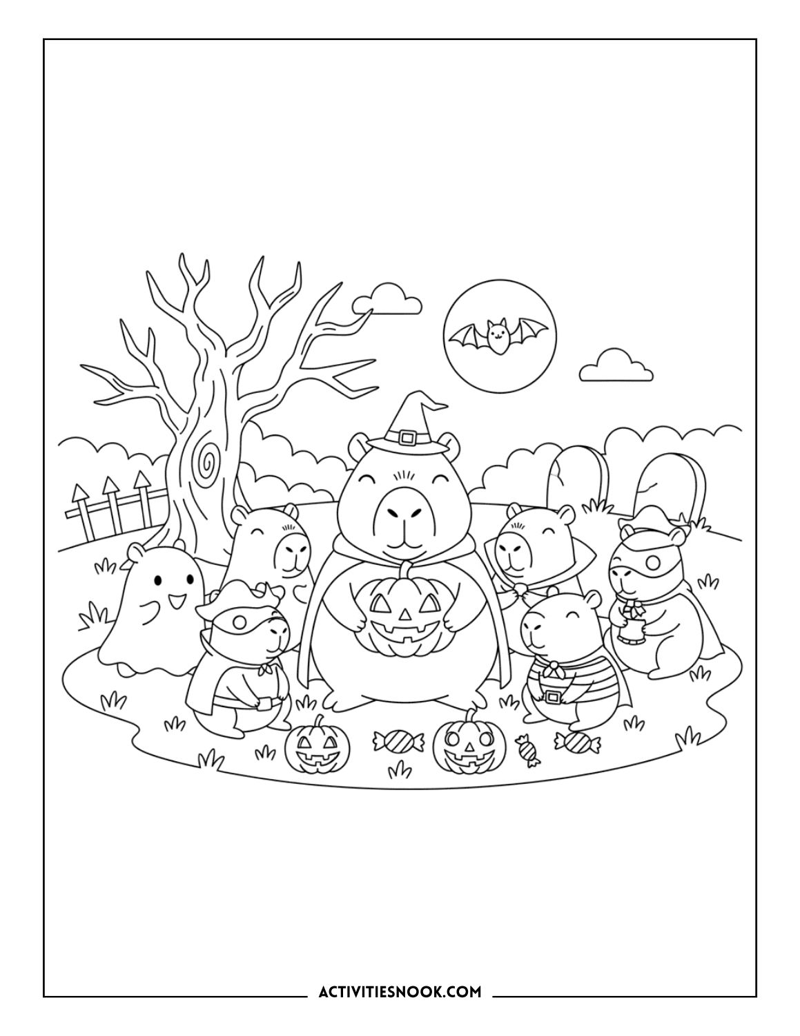 Line art illustration of capybara and other animals celebrating Halloween with pumpkins and costumes.