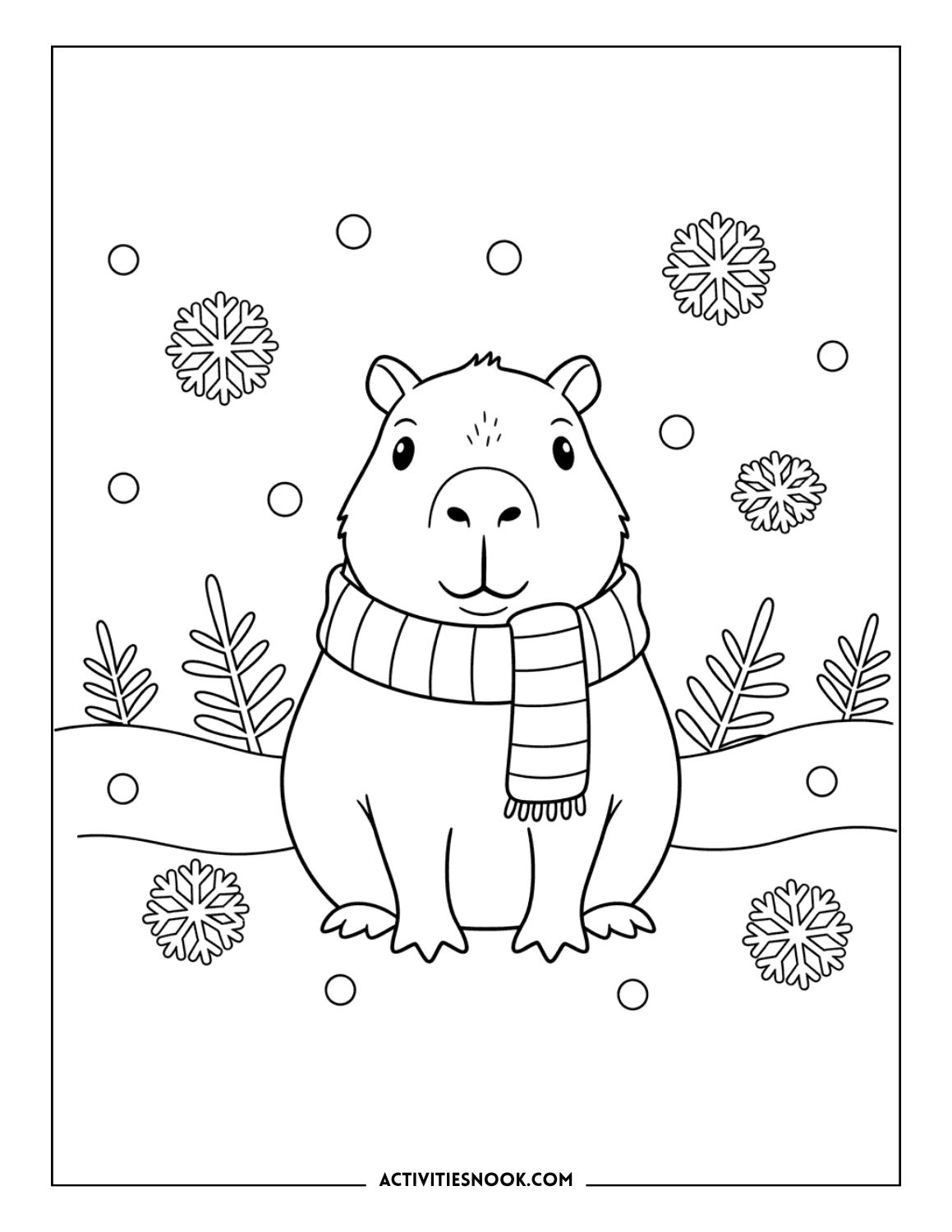 Black and white coloring page featuring a capybara wearing a scarf surrounded by snowflakes and foliage.