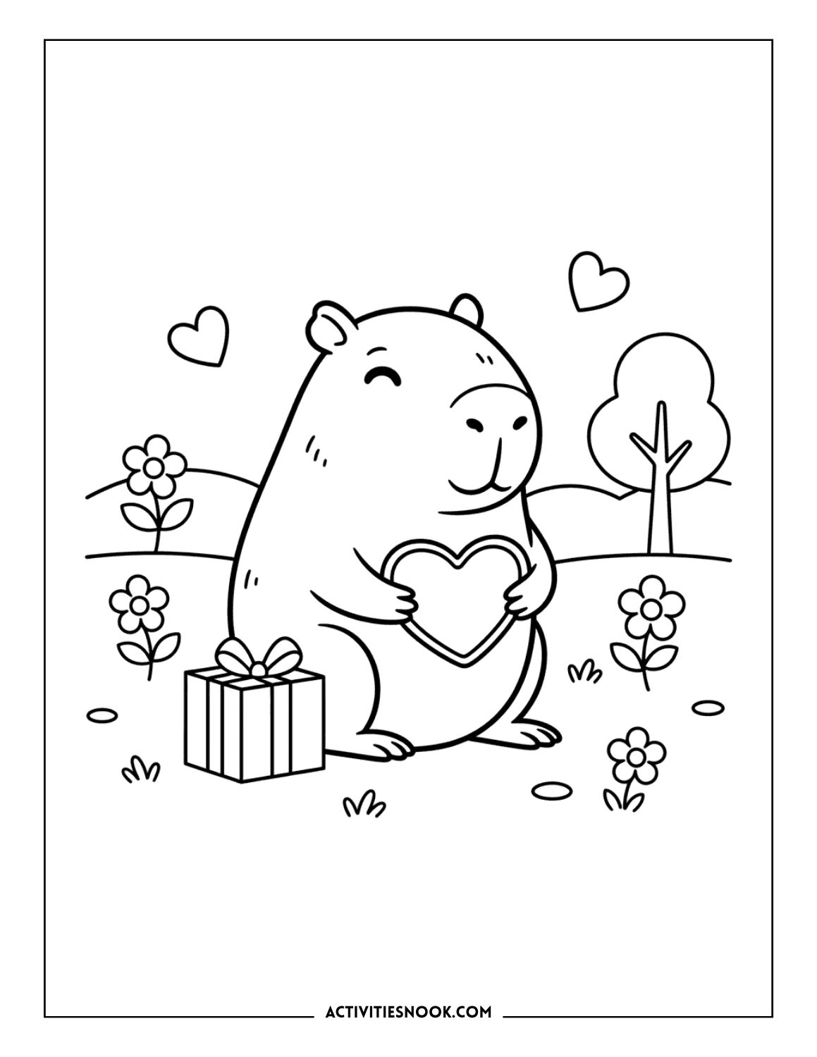 A capybara holding a heart with a gift box beside it, surrounded by flowers and hearts.