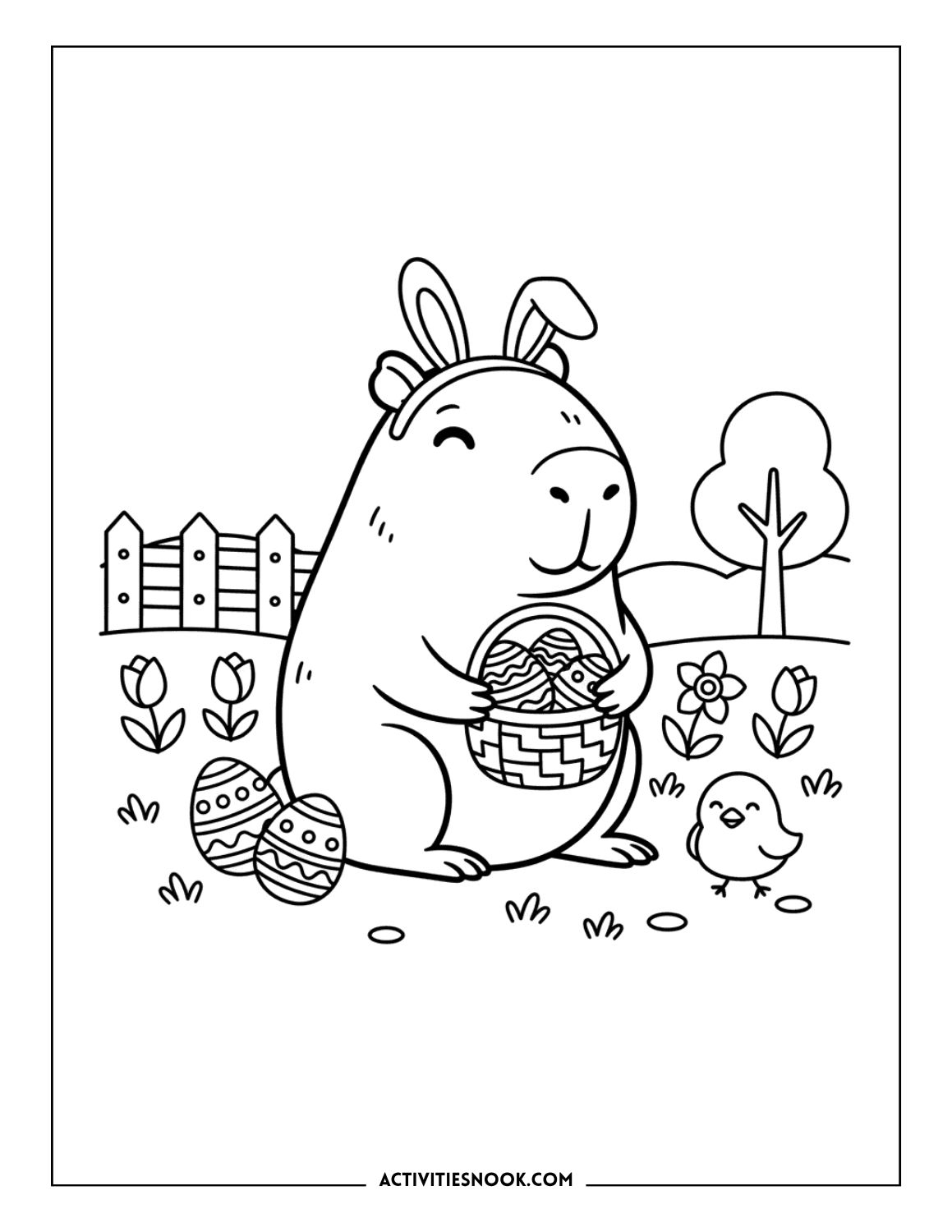 Capybara wearing bunny ears holding a basket with Easter eggs, surrounded by flowers and a chick.
