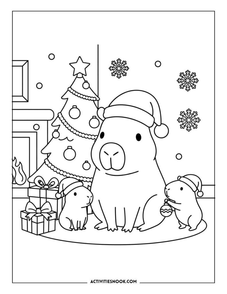 Coloring page featuring a capybara wearing a Santa hat with two smaller capybaras and a Christmas tree.