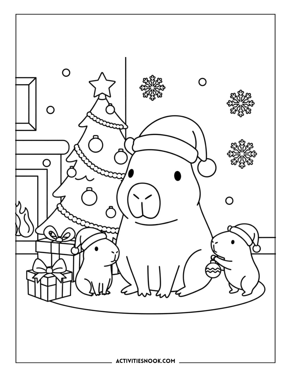 Coloring page featuring a capybara wearing a Santa hat with two smaller capybaras and a Christmas tree.
