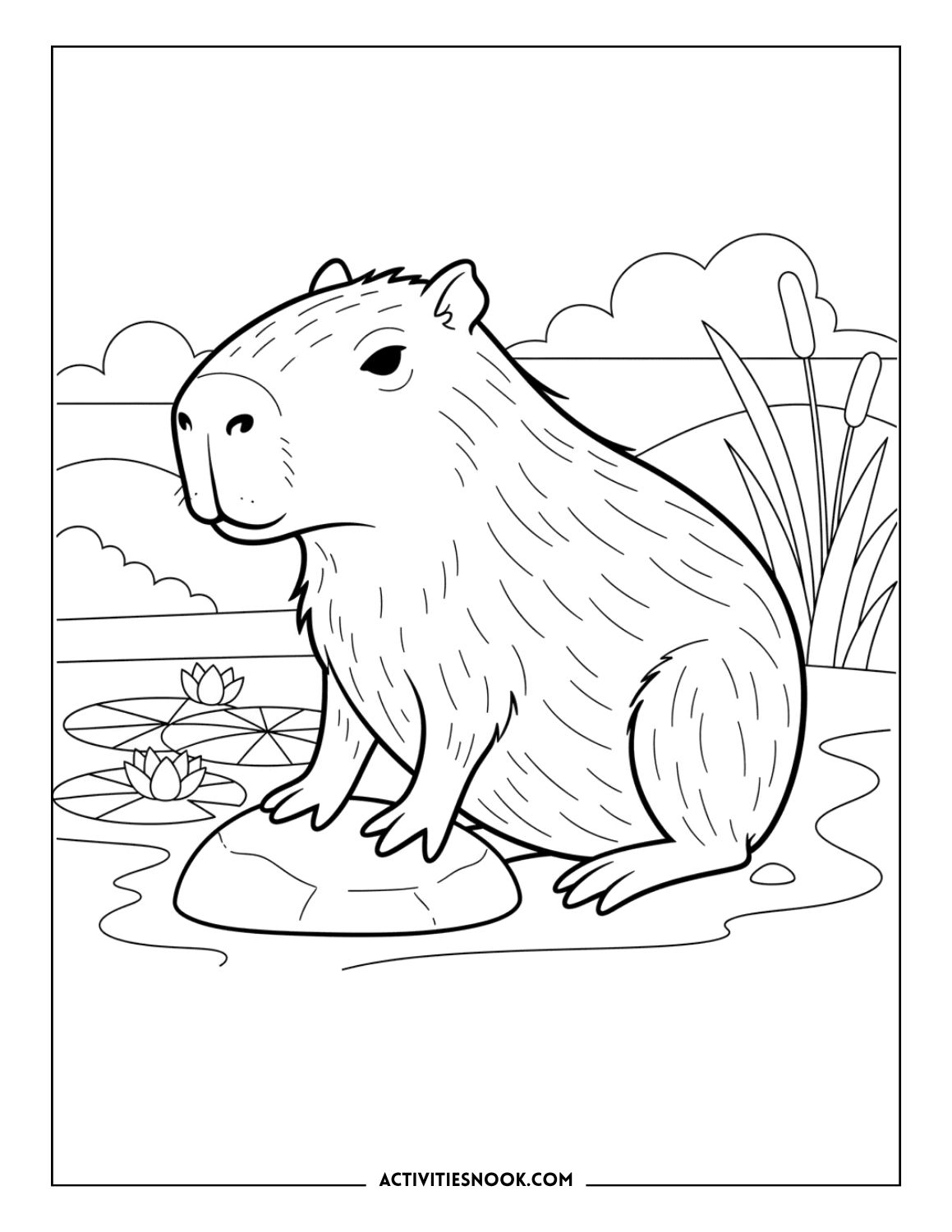 Line drawing of a capybara sitting on a rock near water with plants in the background.