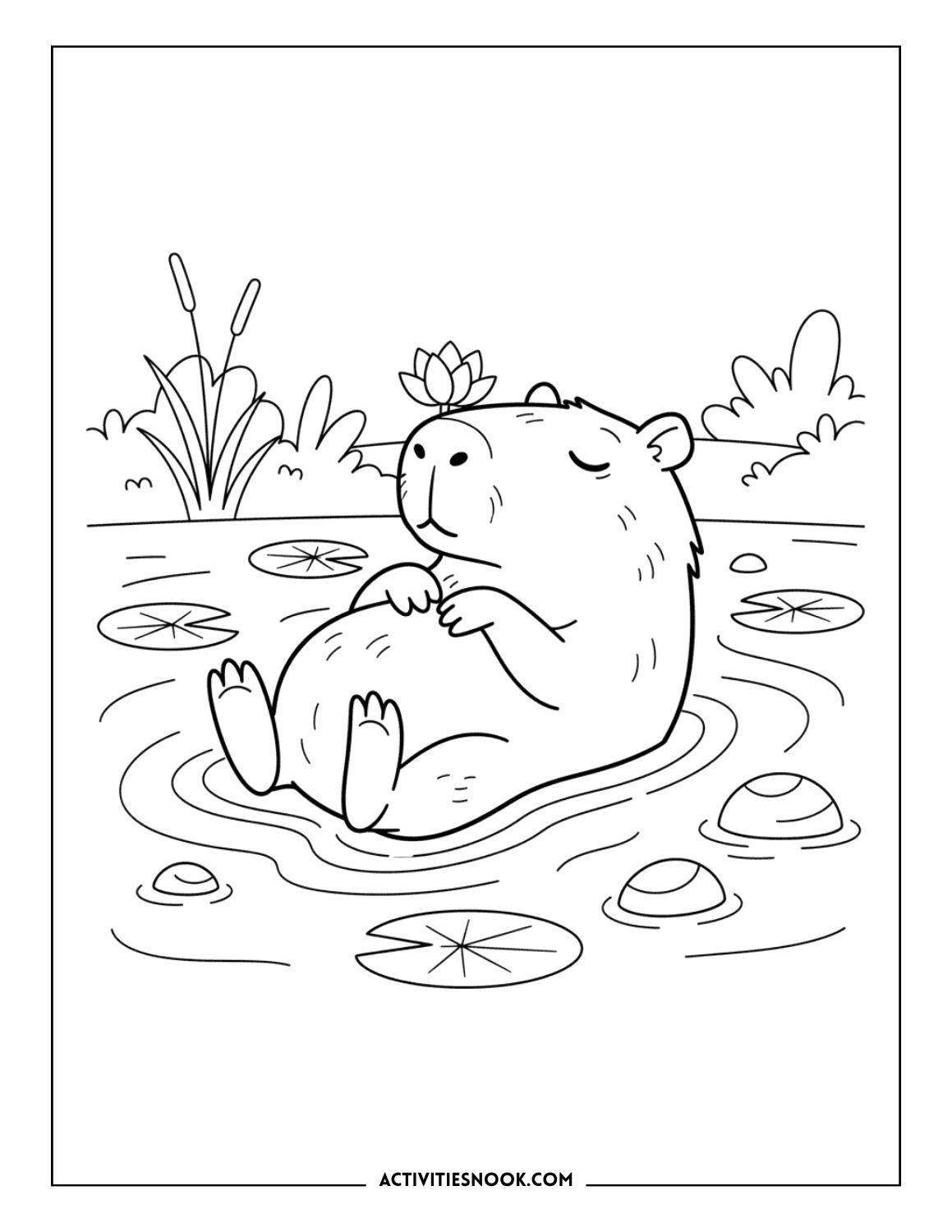Line art illustration of a capybara floating in water surrounded by lily pads and plants.