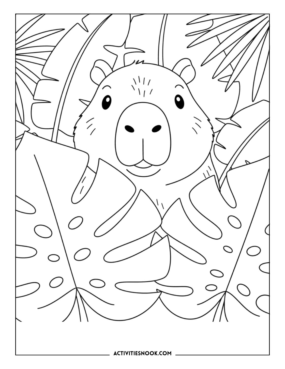 Line art illustration of a capybara surrounded by tropical leaves in a coloring page format.