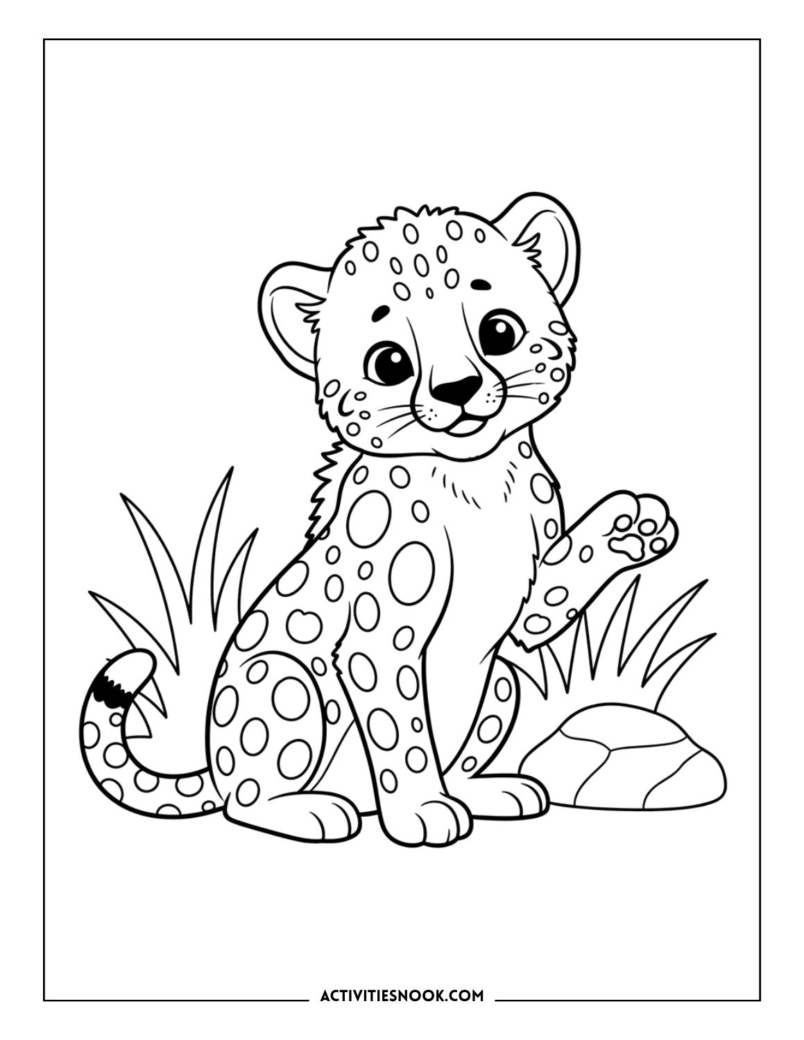 Baby cheetah sitting in the grass with one paw lifted, cartoon-style coloring page.