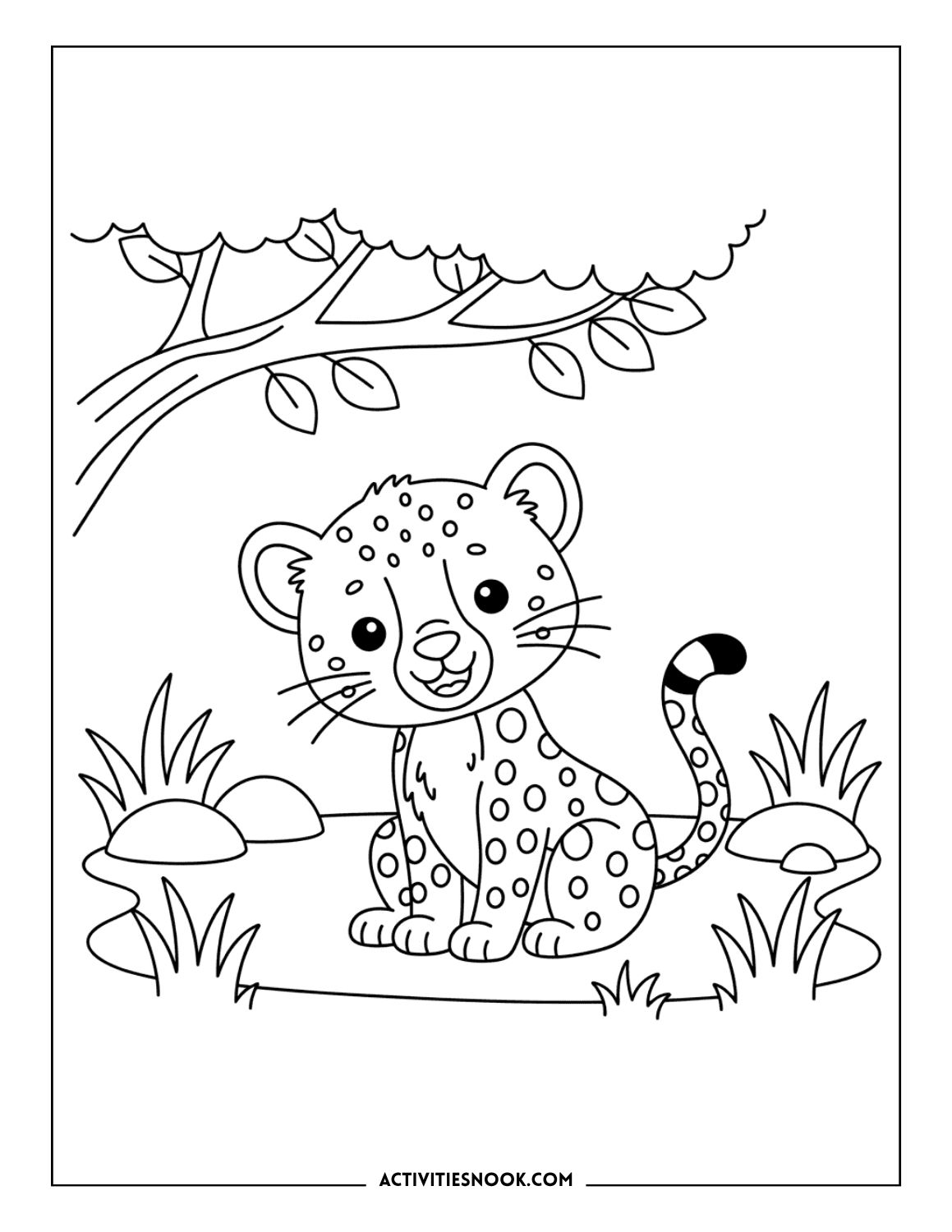 Cute cheetah cub sitting under a tree with grass and stones around it.