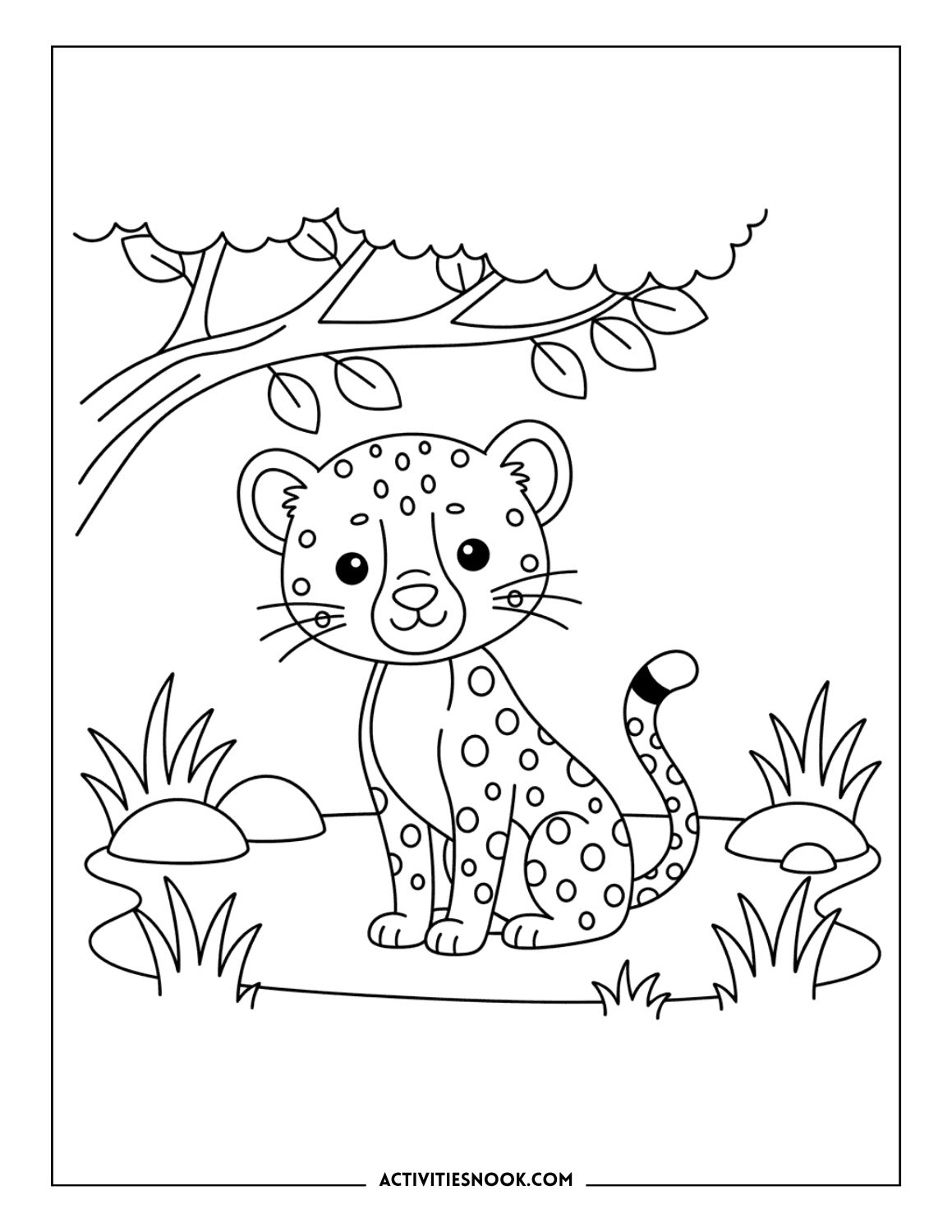 Smiling cheetah cub sitting under a tree with small plants and rocks.
