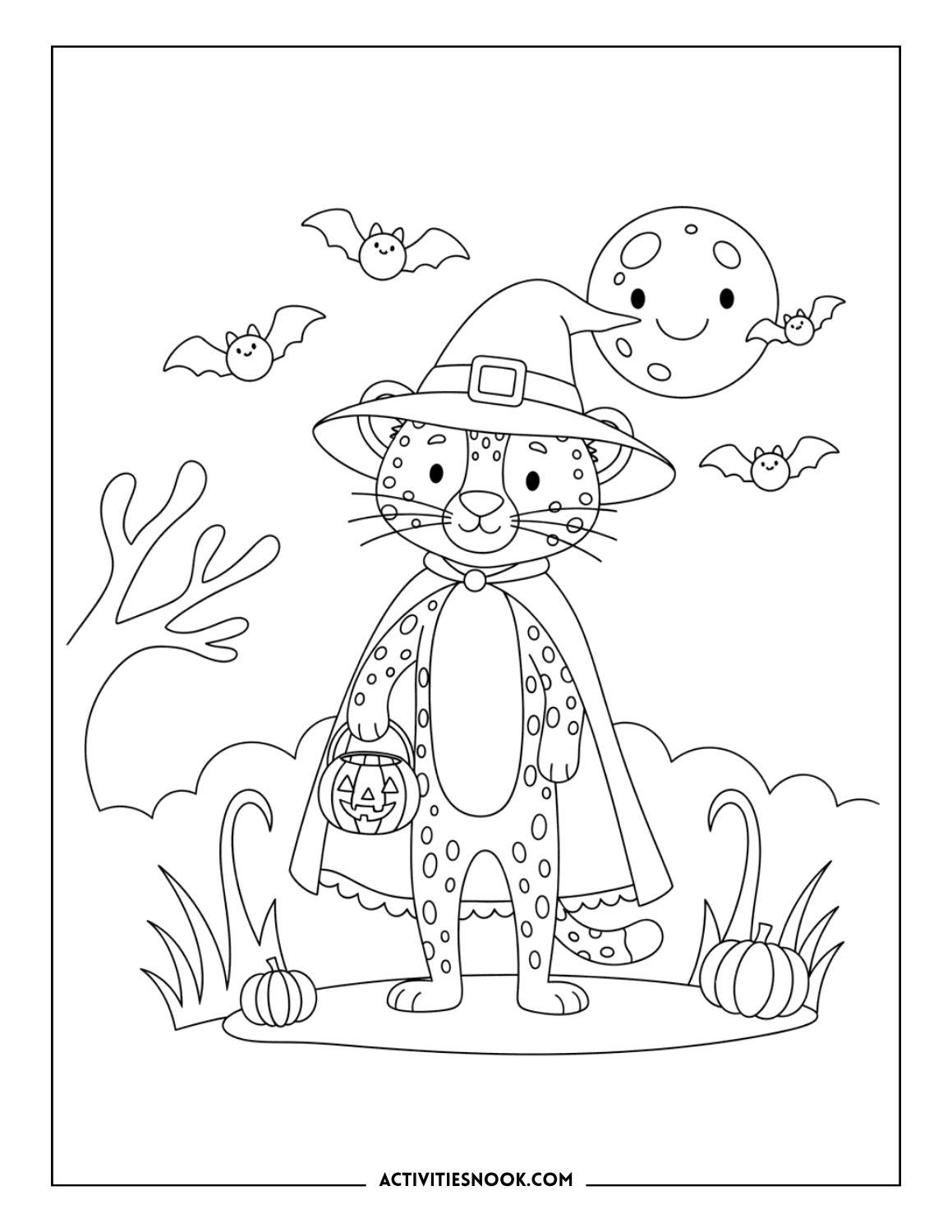 Cartoon cheetah in a witch costume holding a pumpkin under a moon with bats.