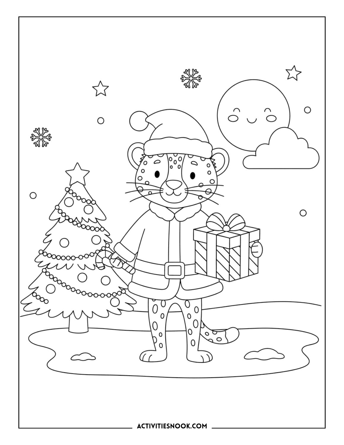 Cheetah in a Santa outfit with a present near a Christmas tree and snowflakes.