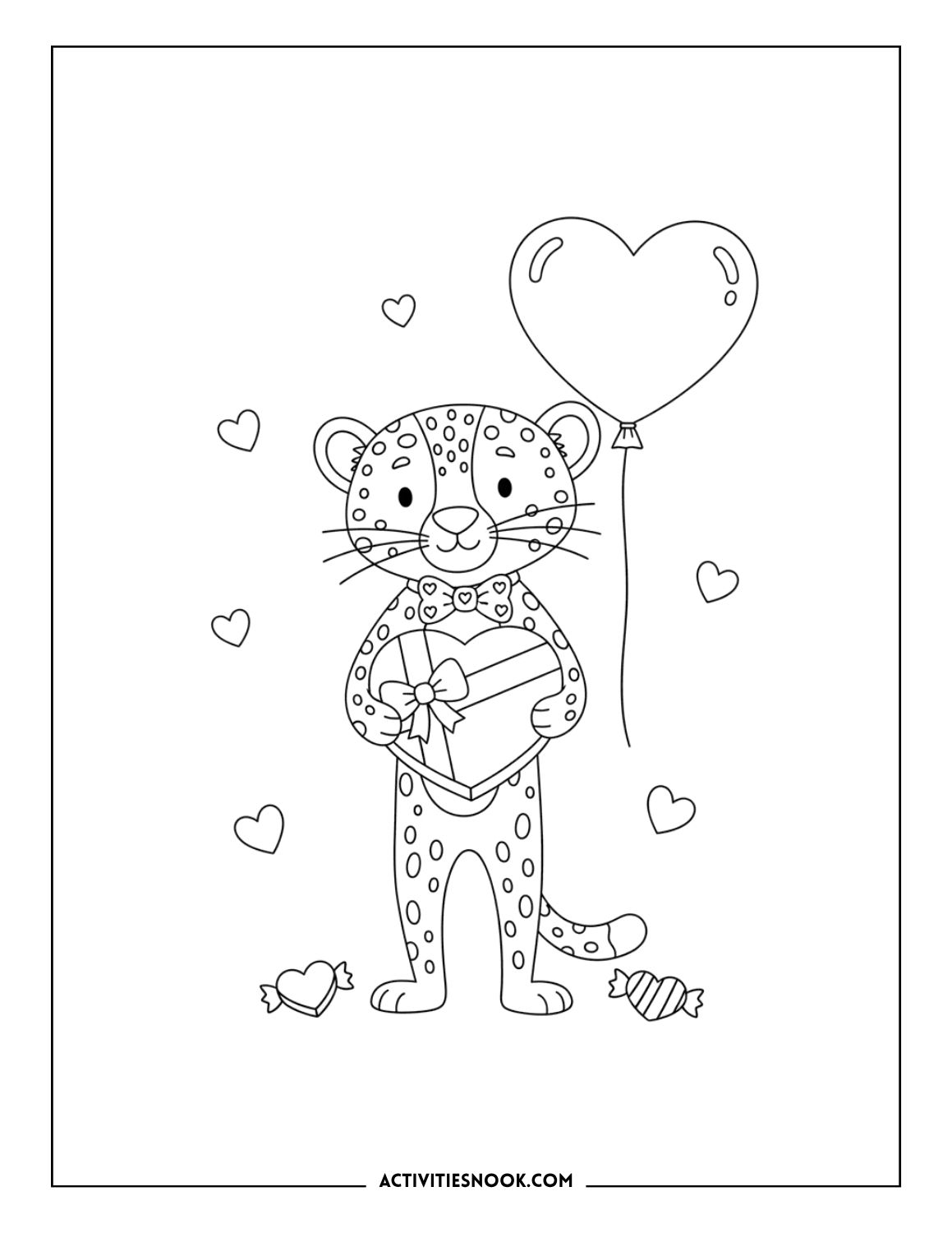Cartoon cheetah with a heart balloon and gift box for Valentine’s Day.