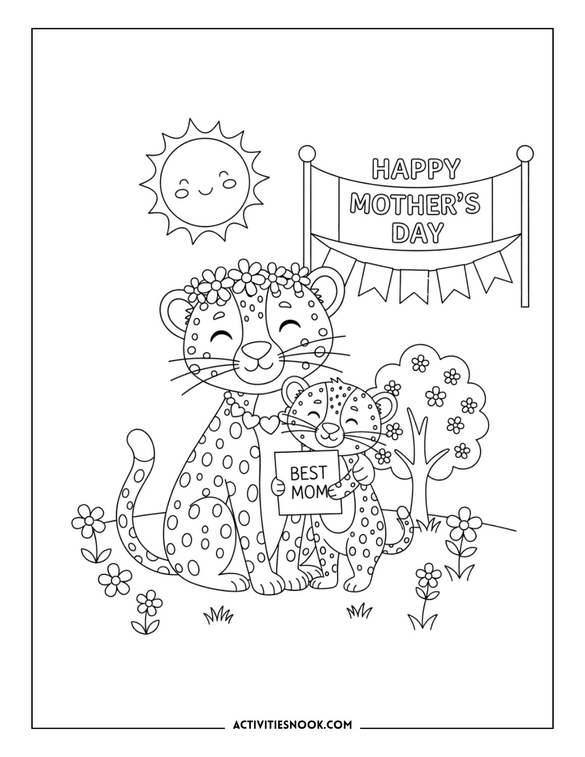 Mother cheetah and cub hugging in a flower garden under a Mother’s Day banner.