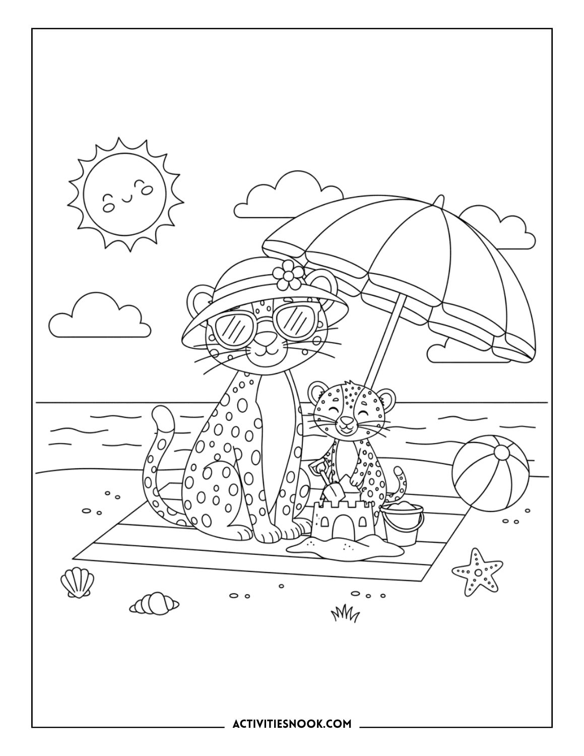 Cheetah parent and cub on the beach with sunglasses, sand toys, and umbrella.