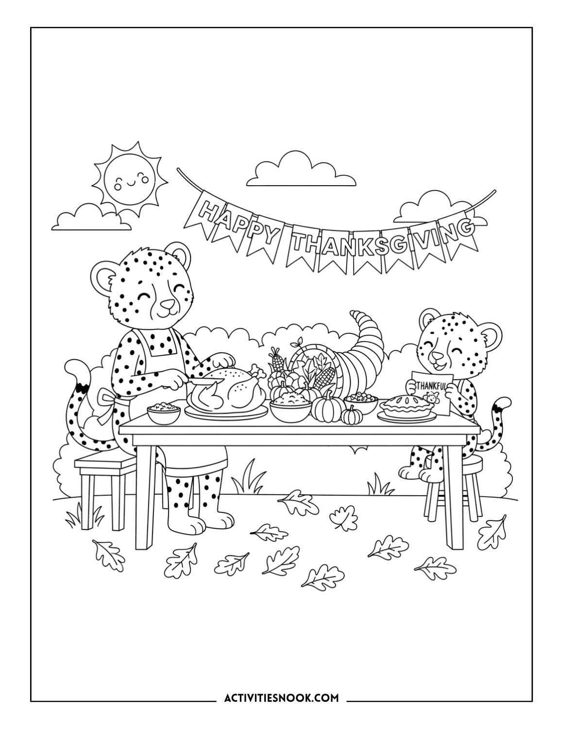 Cheetah family enjoying Thanksgiving dinner outdoors with a festive banner.