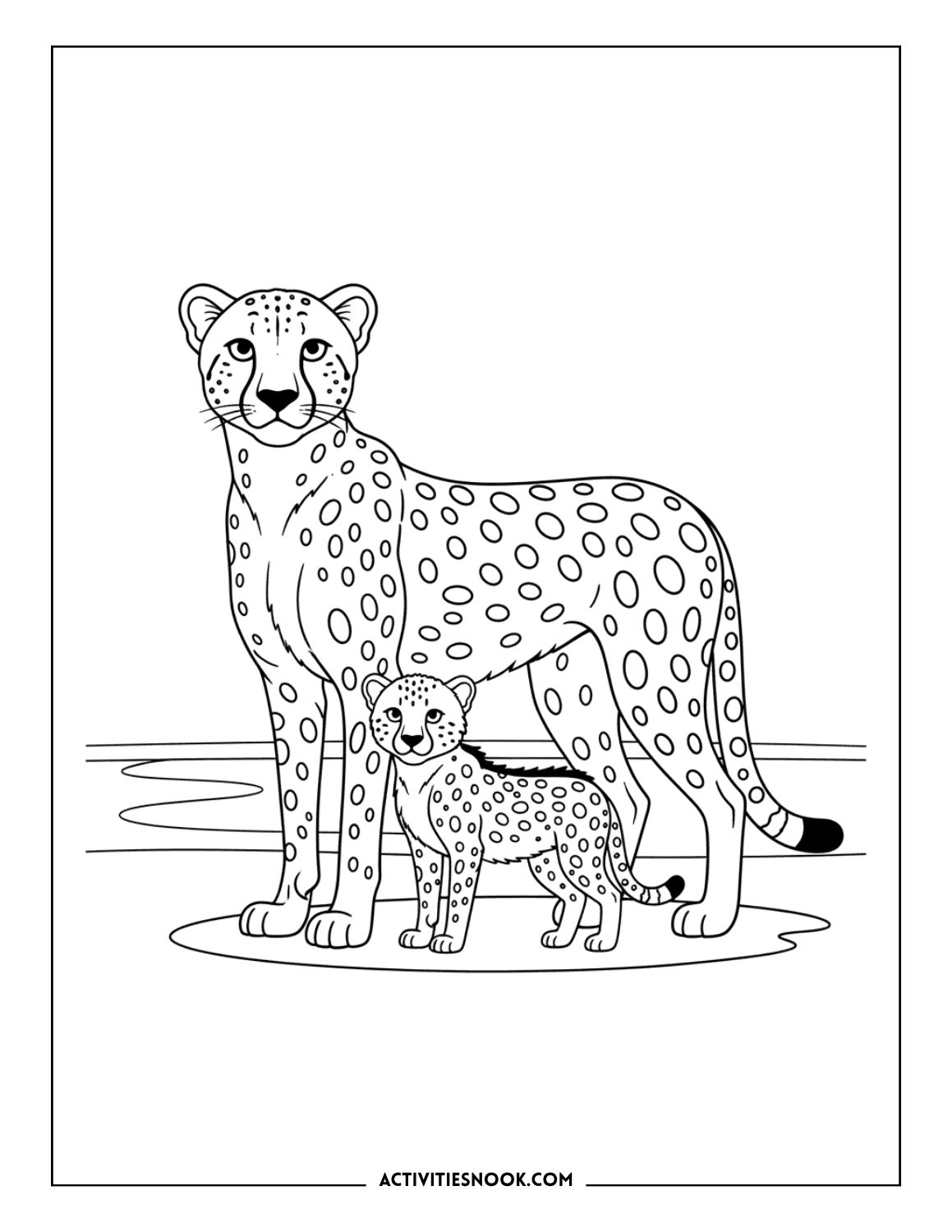 Adult cheetah with cub standing close together on open grassland.