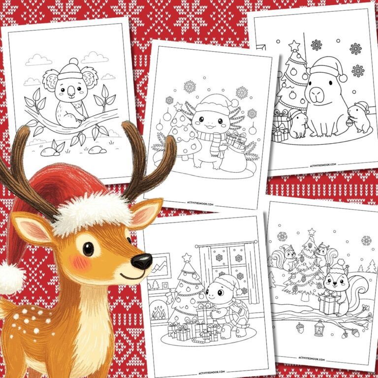 Coloring pages featuring various Christmas animals including a koala, otter, and deer wearing a Santa hat.