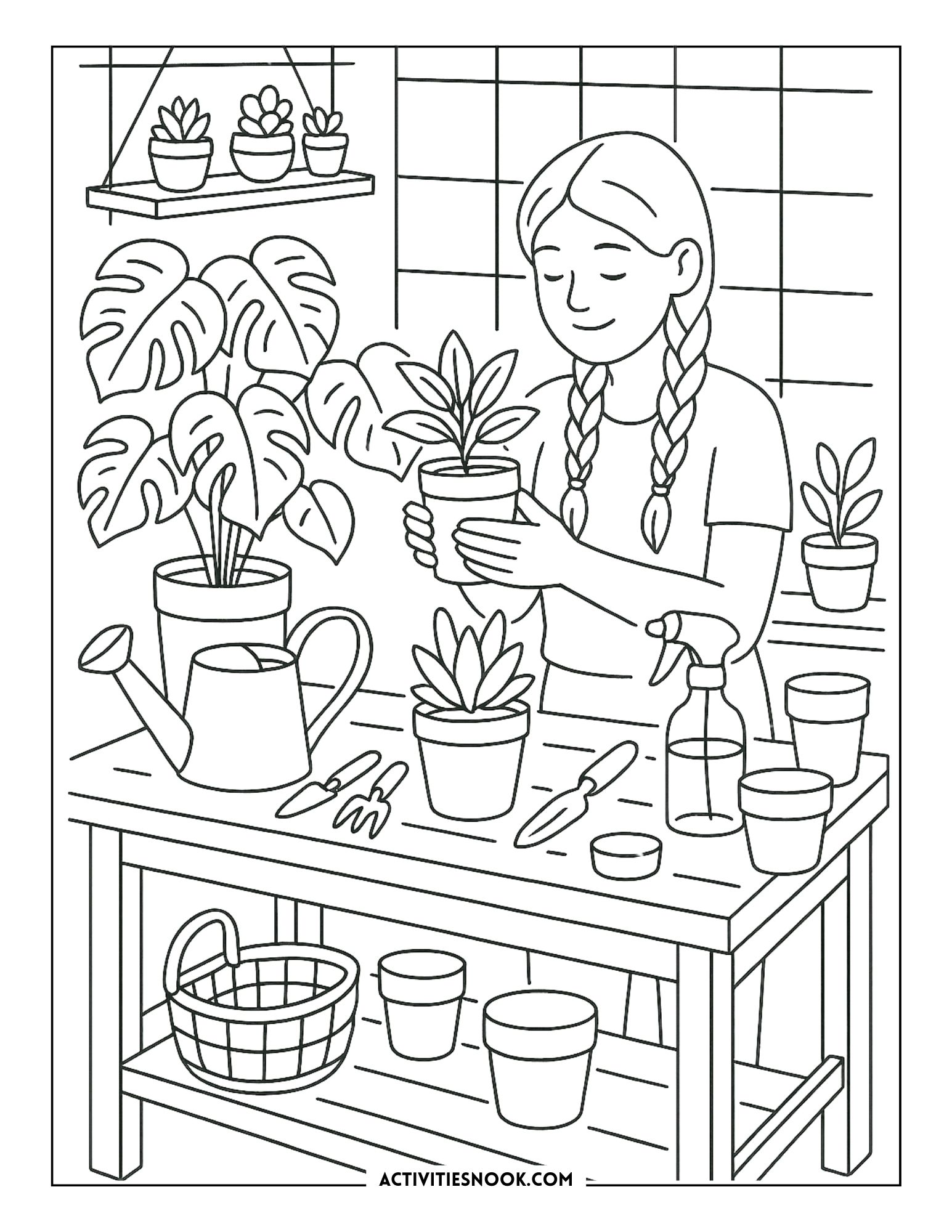 Girl with braided hair holding a potted plant in a home gardening setting with various plants and tools.