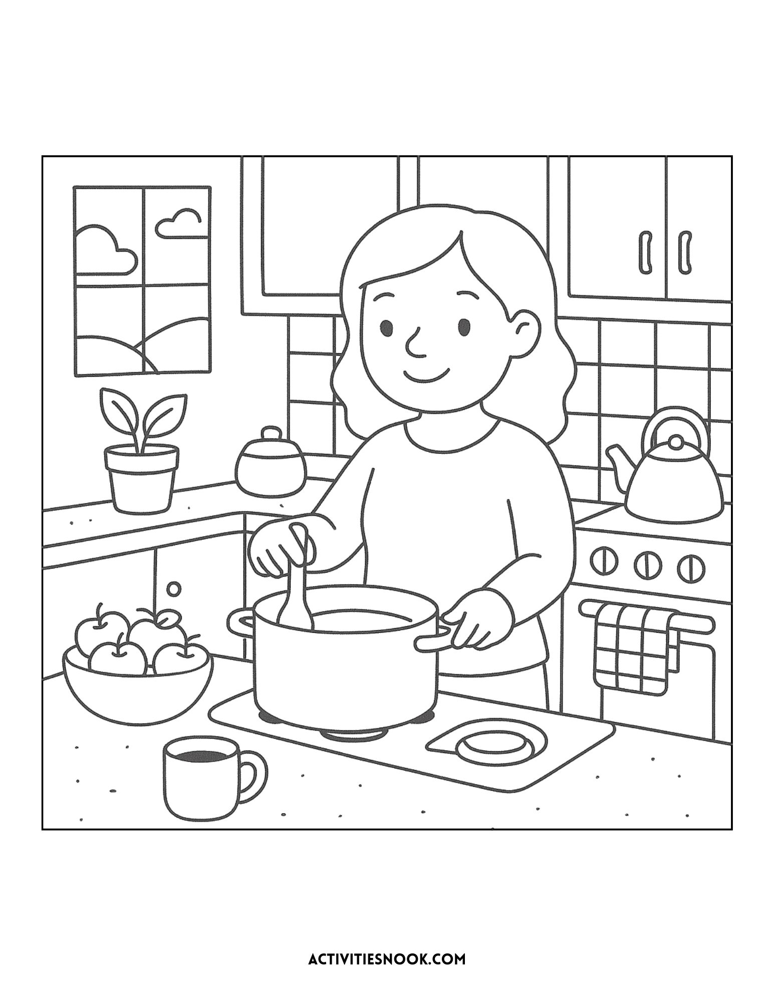 Line art illustration of a girl cooking in a kitchen, stirring a pot on the stove with a cup nearby.