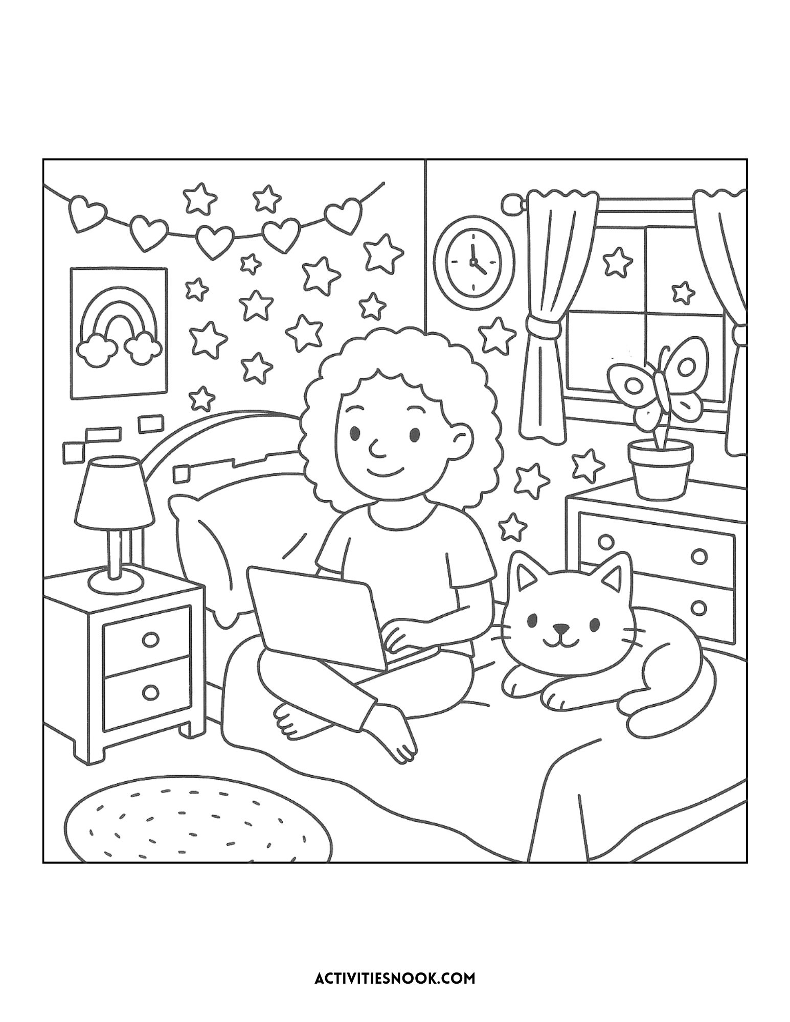 Line art illustration of a girl sitting on a bed with a laptop and a cat in a cozy bedroom setting.