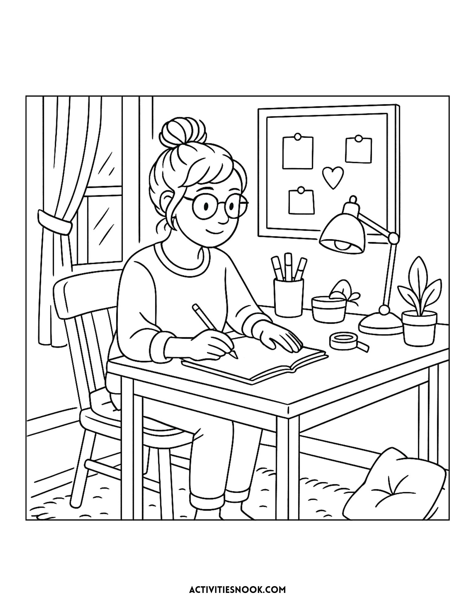 Girl with glasses sitting at a desk, coloring in a book with a lamp and plants nearby.
