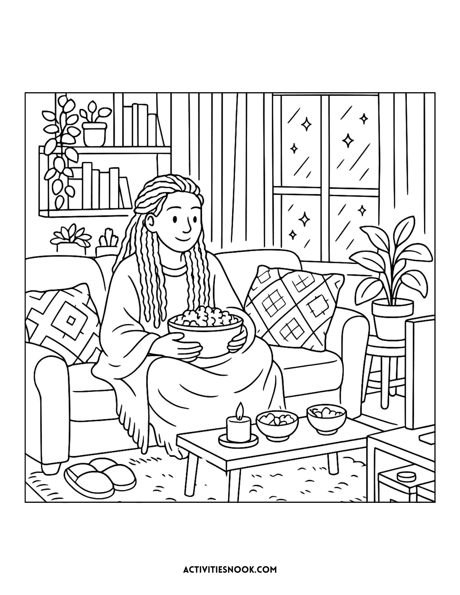 Line art illustration of a girl sitting on a couch with a bowl of popcorn, wearing a blanket, and watching TV.