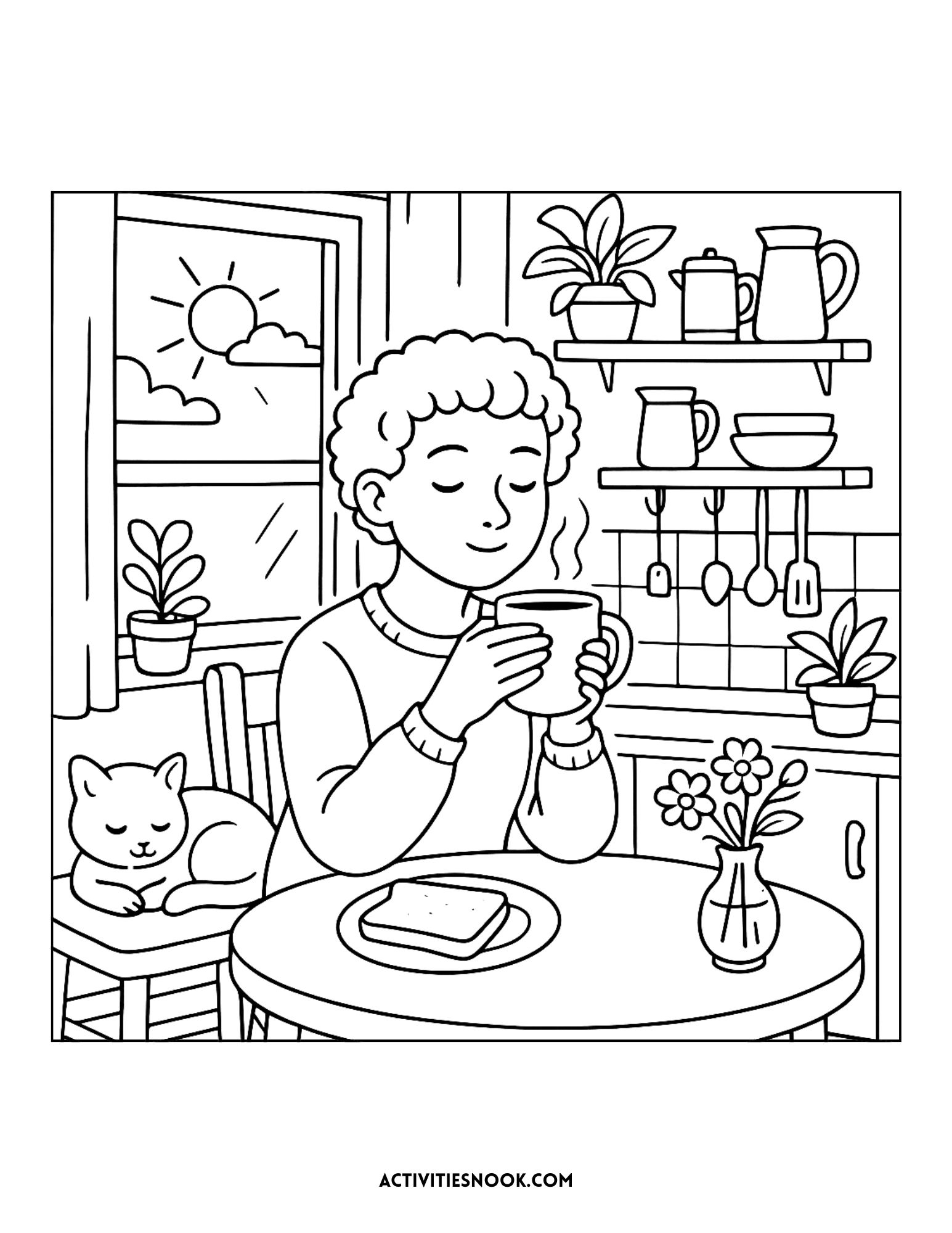 Line art illustration of a girl enjoying a drink at a table with a cat and plants in a cozy indoor setting.