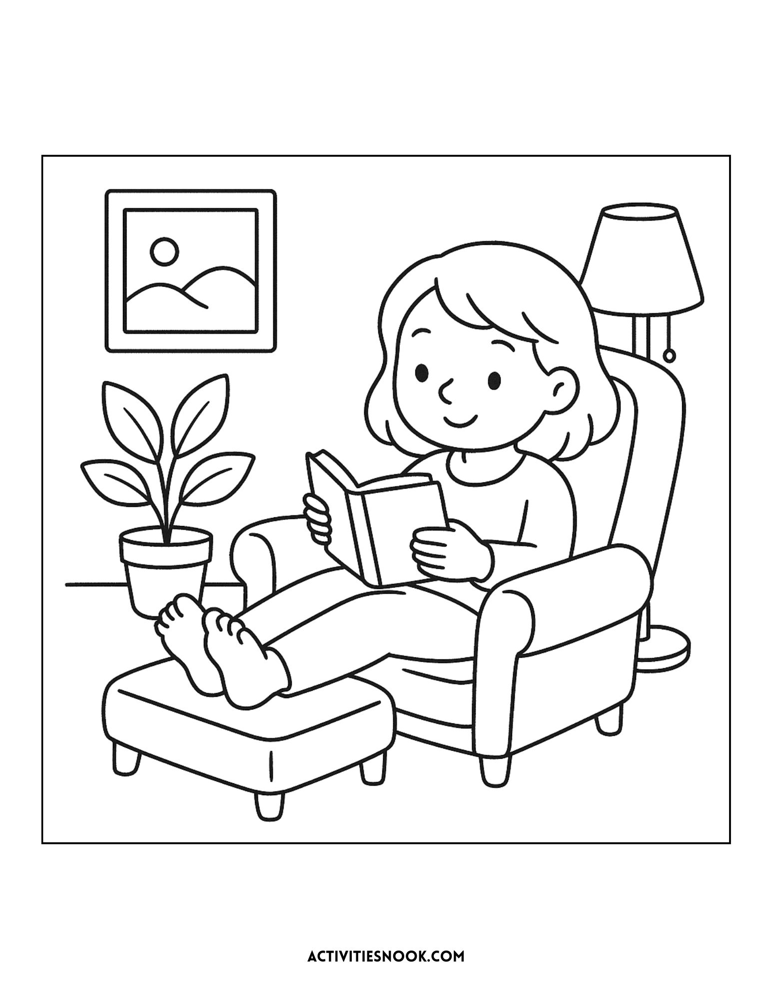 A girl reading a book while sitting in a cozy chair with a lamp and a plant nearby.