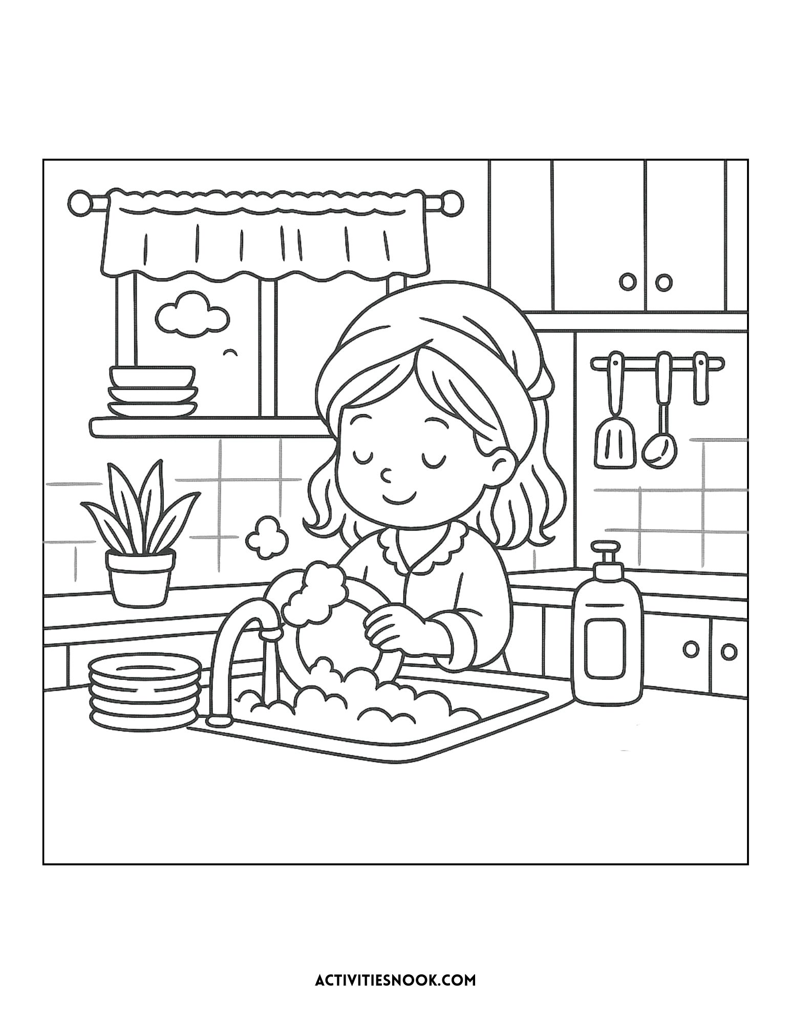 A girl washing dishes in a kitchen sink filled with bubbles, wearing a headband and smiling.