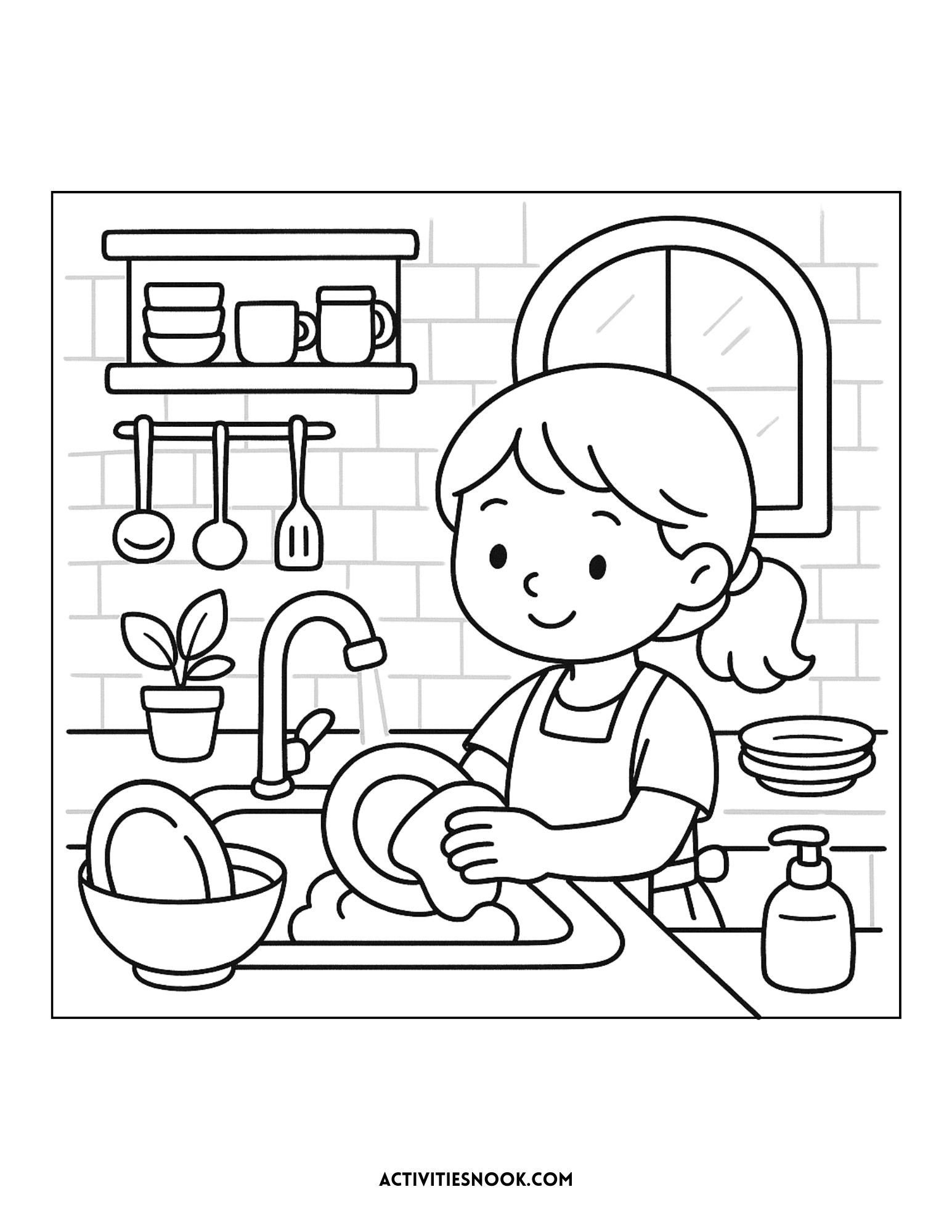 Black and white coloring page of a girl washing dishes in a kitchen sink with various utensils and plants.