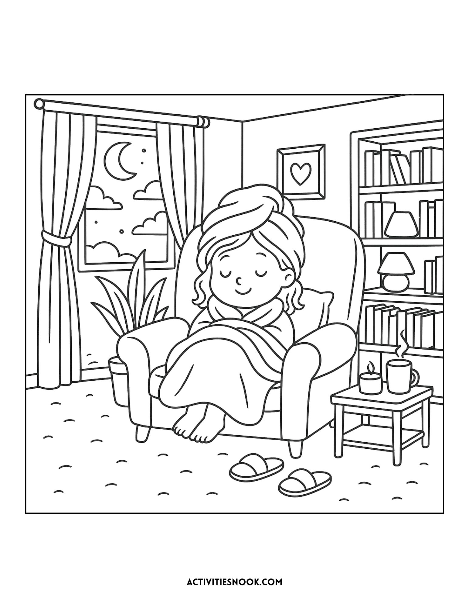 A cozy girl sitting in an armchair at home, wrapped in a blanket with a towel on her head, surrounded by bookshelves.