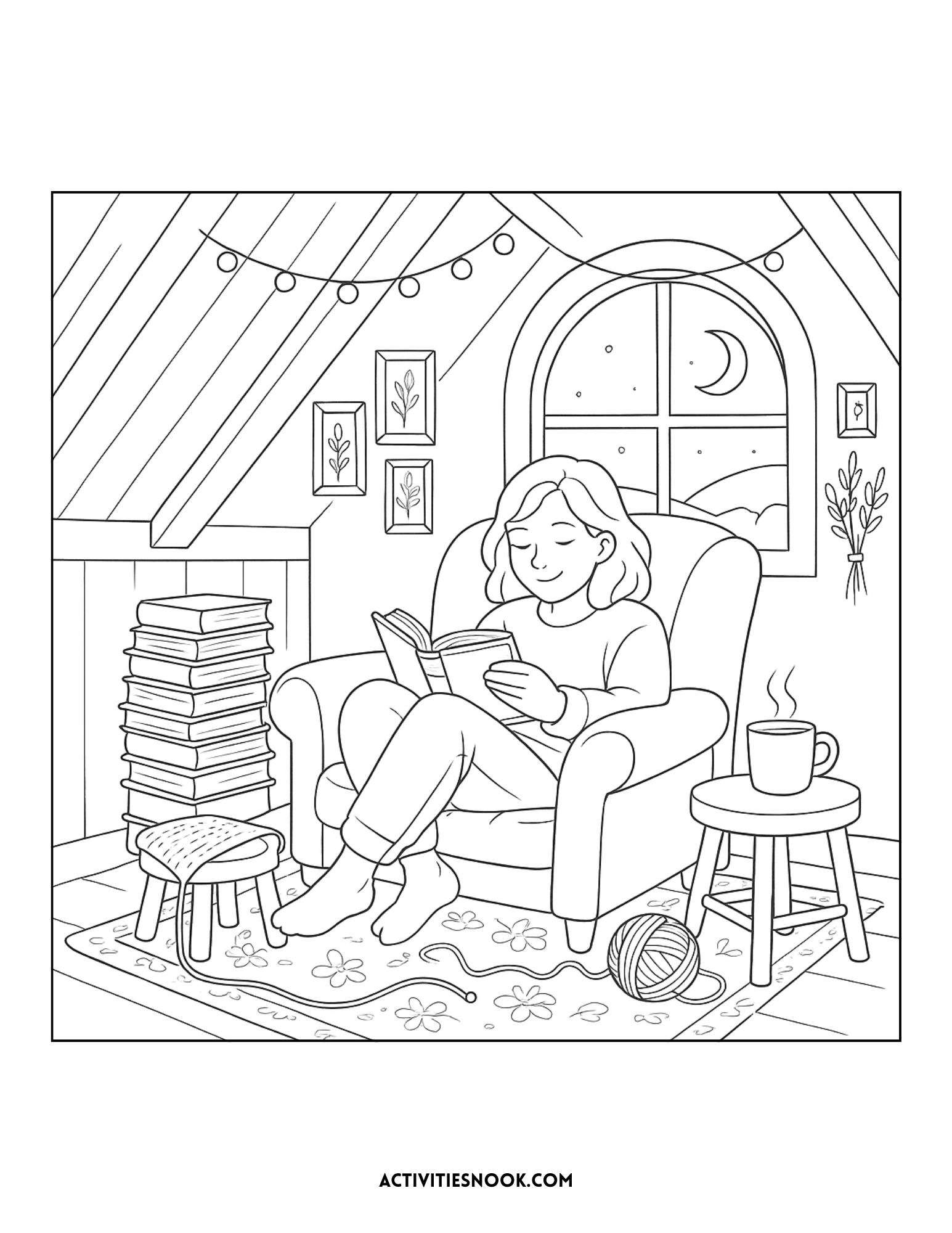 A cozy girl sitting in an armchair reading a book in a well-lit attic with stacks of books and a cup of tea.