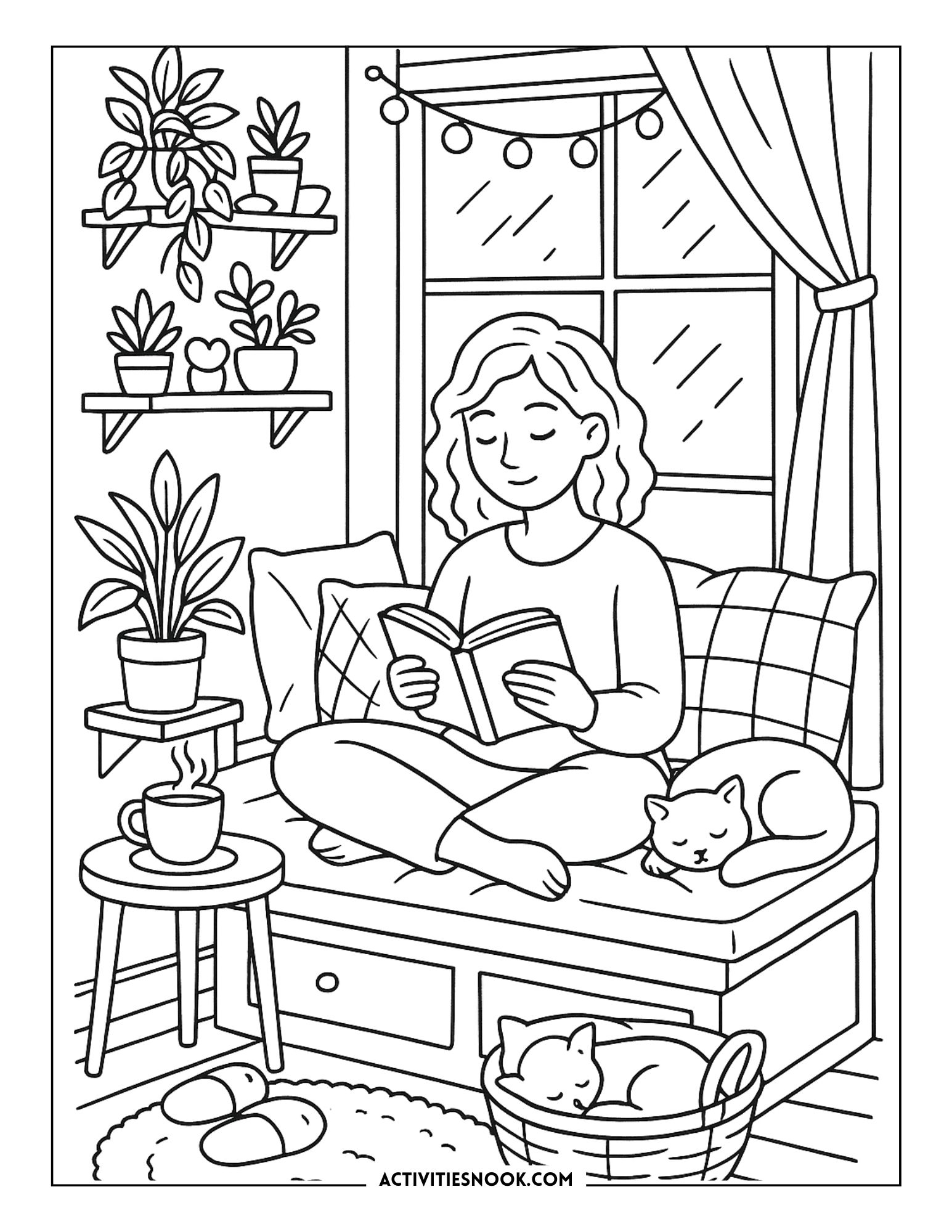 Line art illustration of a girl reading on a cozy window seat with plants and cats around her.