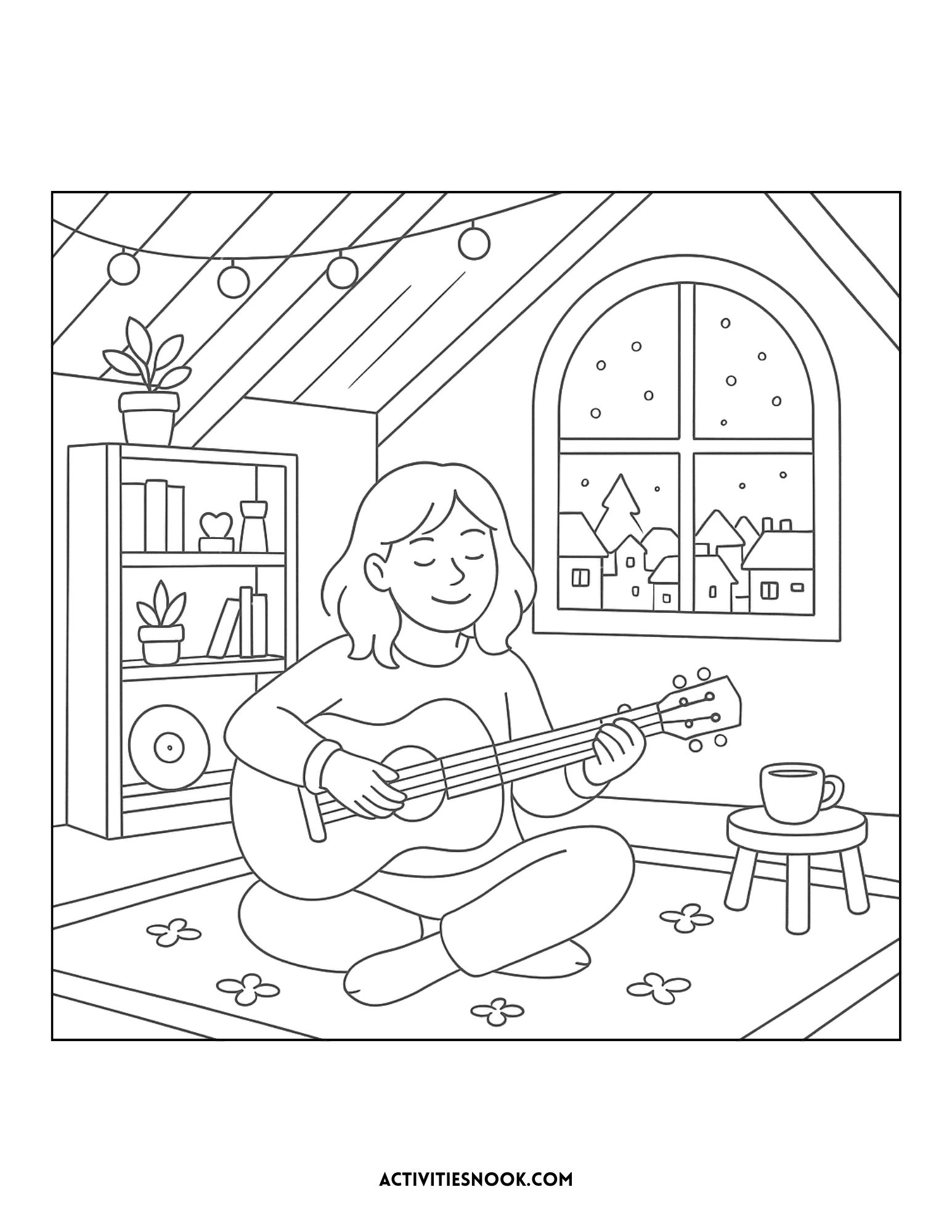 A girl sitting on the floor playing guitar in a cozy room with a window showing a snowy scene.