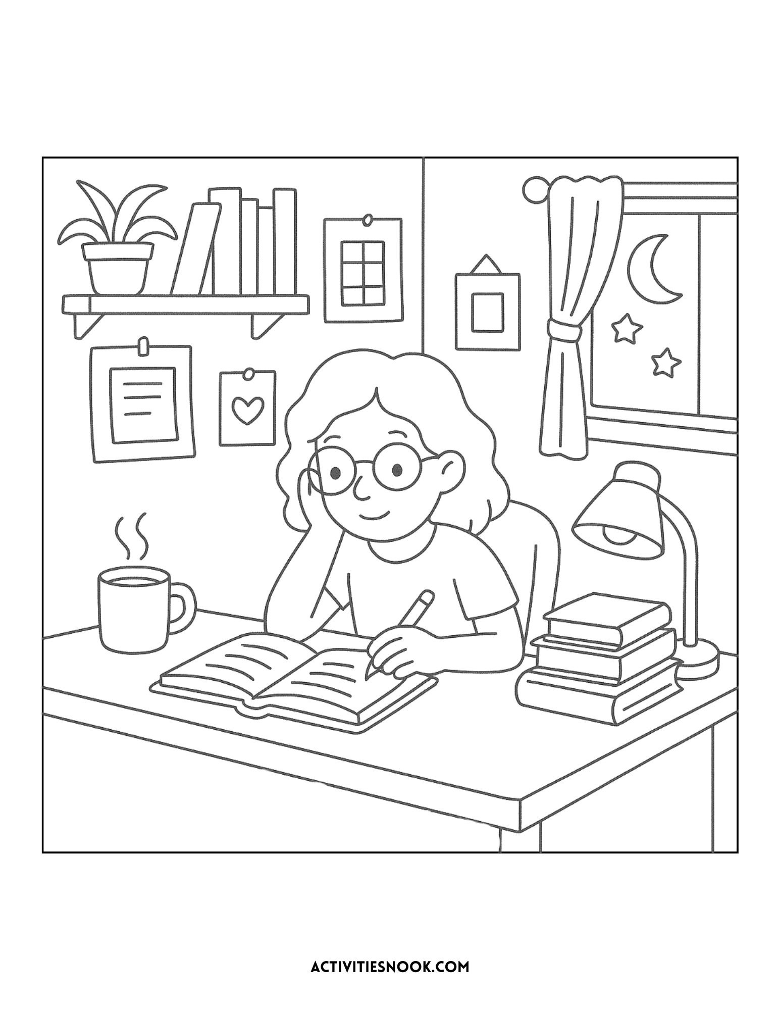 Line art illustration of a girl coloring at a desk with books, a lamp, and a window showing the moon and stars.